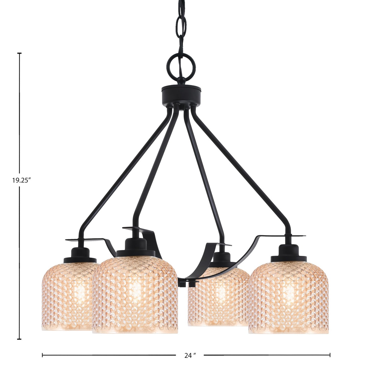 Toltec Odyssey 24in 4-Light Chandelier | Modern Matte Black Steel and Amber Textured Glass | Dining Room & Entryway | 24 x 19.25 in | Model 2604-MB-4613