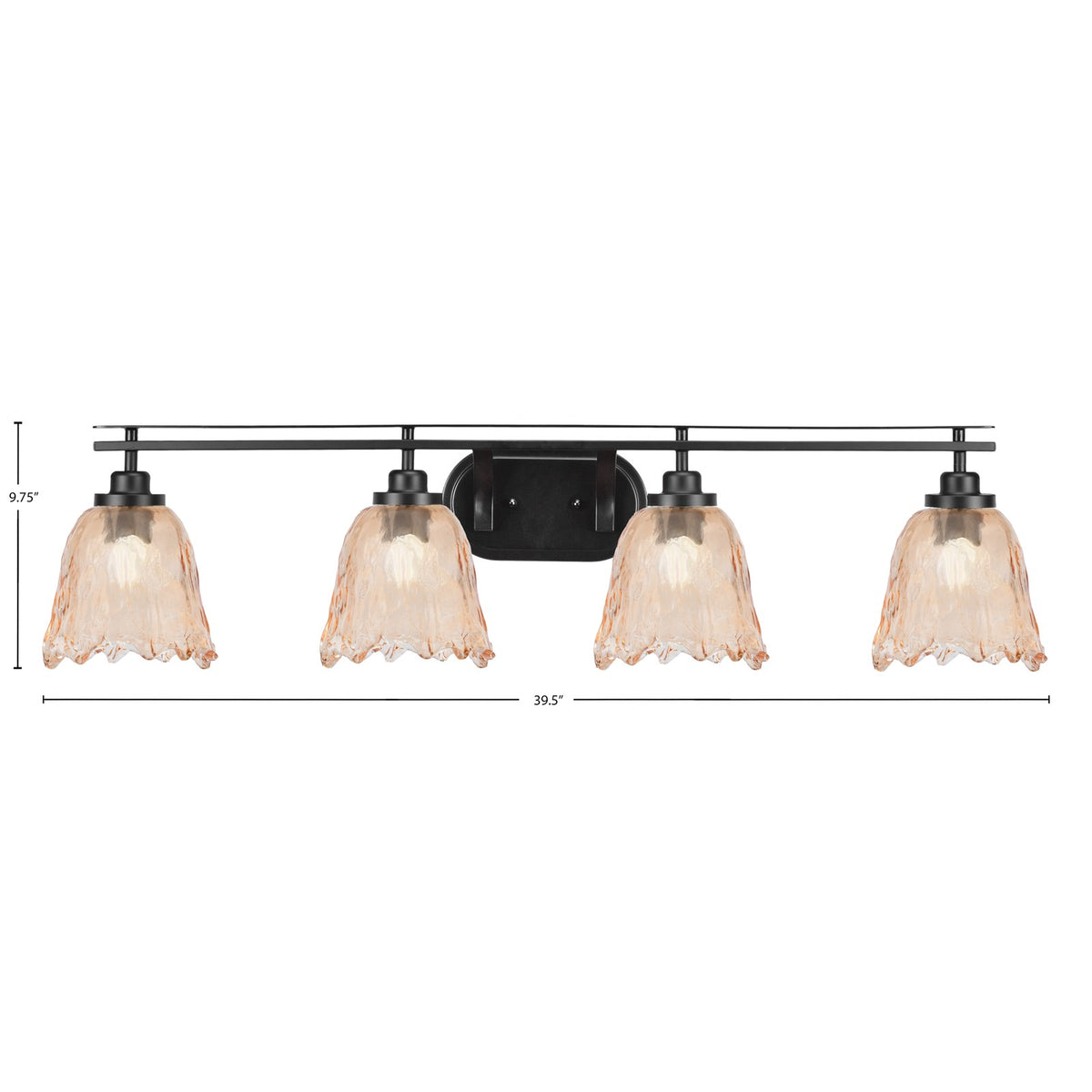 Toltec Odyssey 4-Light Bath Bar | Modern Matte Black Steel and Amber Lava Glass | Bathroom & Double Vanity | 8 x 9.75 in | Model 2614-MB-4233