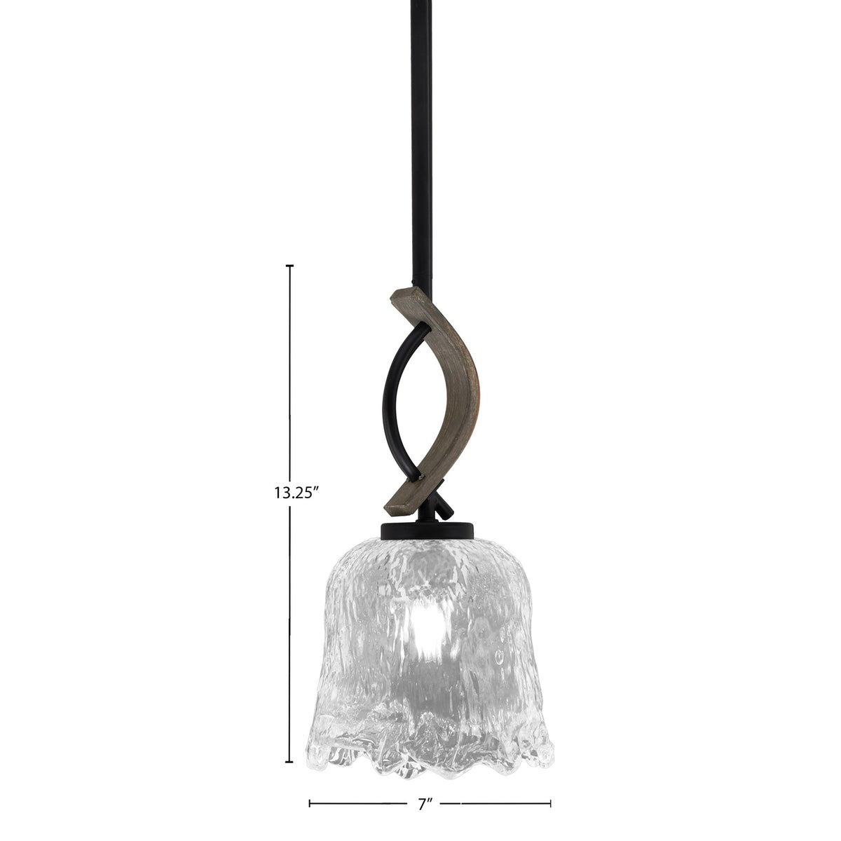 Toltec Monterey 7in 1-Light Mini Pendant | Rustic Matte Black and Painted Distressed Wood-look Metal with Clear Lava Glass | Model 2901-MBDW-4230