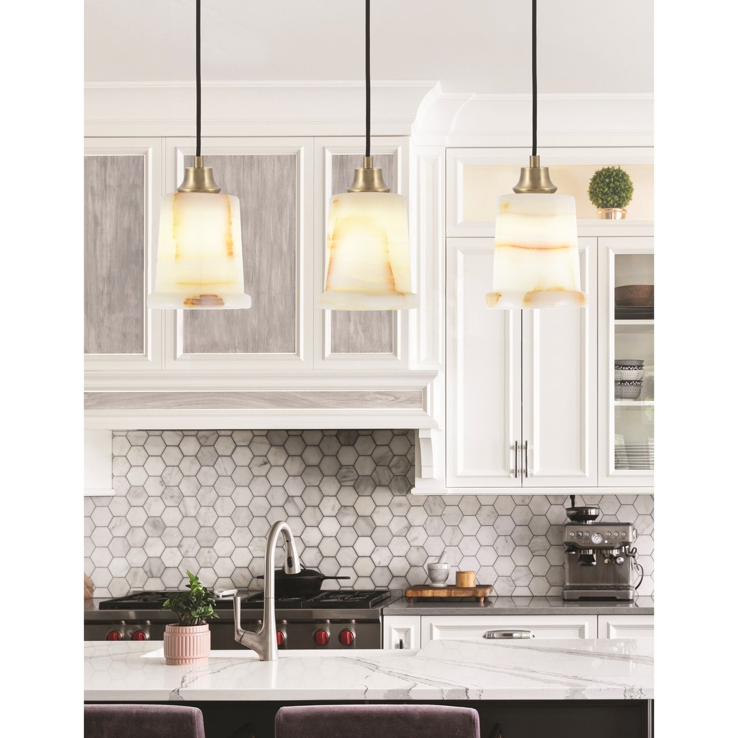 Toltec Cord 5in 1-Light Pendant | New Age Brass Steel and Natural Stone Glass | Kitchen Island & Dining Room | 5 x 7.5 in | Model 32-NAB-4128