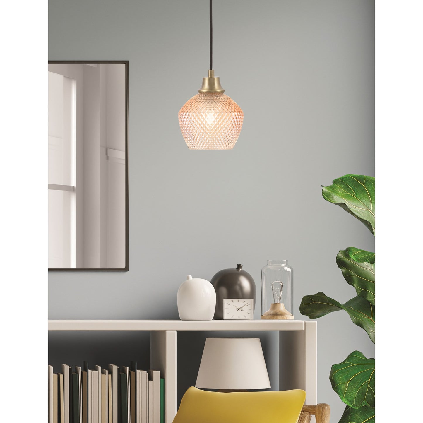 Toltec Cord 6in 1-Light Pendant | New Age Brass Steel and Amber Textured Glass | Kitchen Island & Dining Room | 6 x 7.5 in | Model 32-NAB-4623