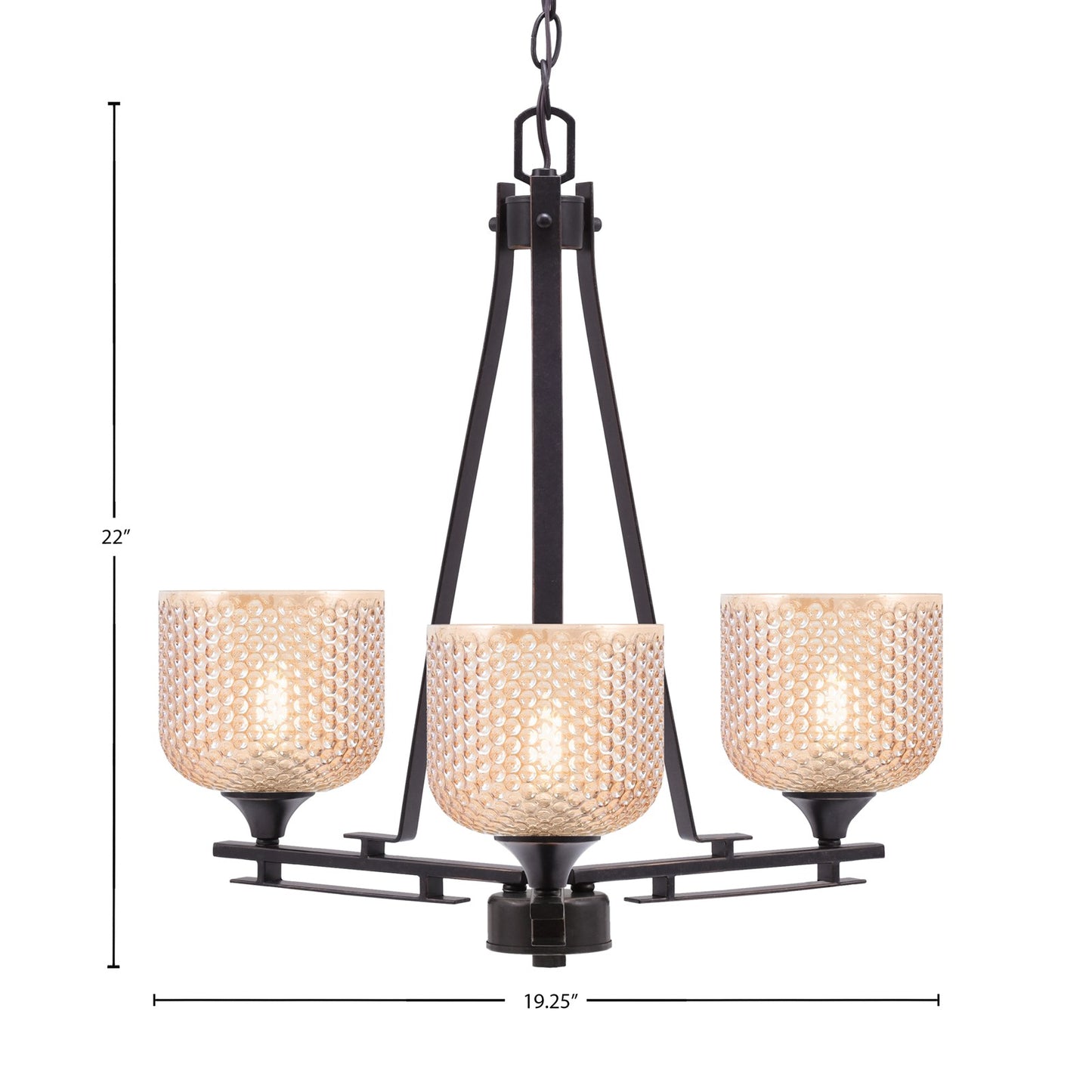 Toltec Uptowne 19.25in 3-Light Uplight Chandelier | Modern Dark Granite Steel and Amber Textured Glass | Dining Room & Entryway | 19.25 x 22 in | Model 323-DG-4613