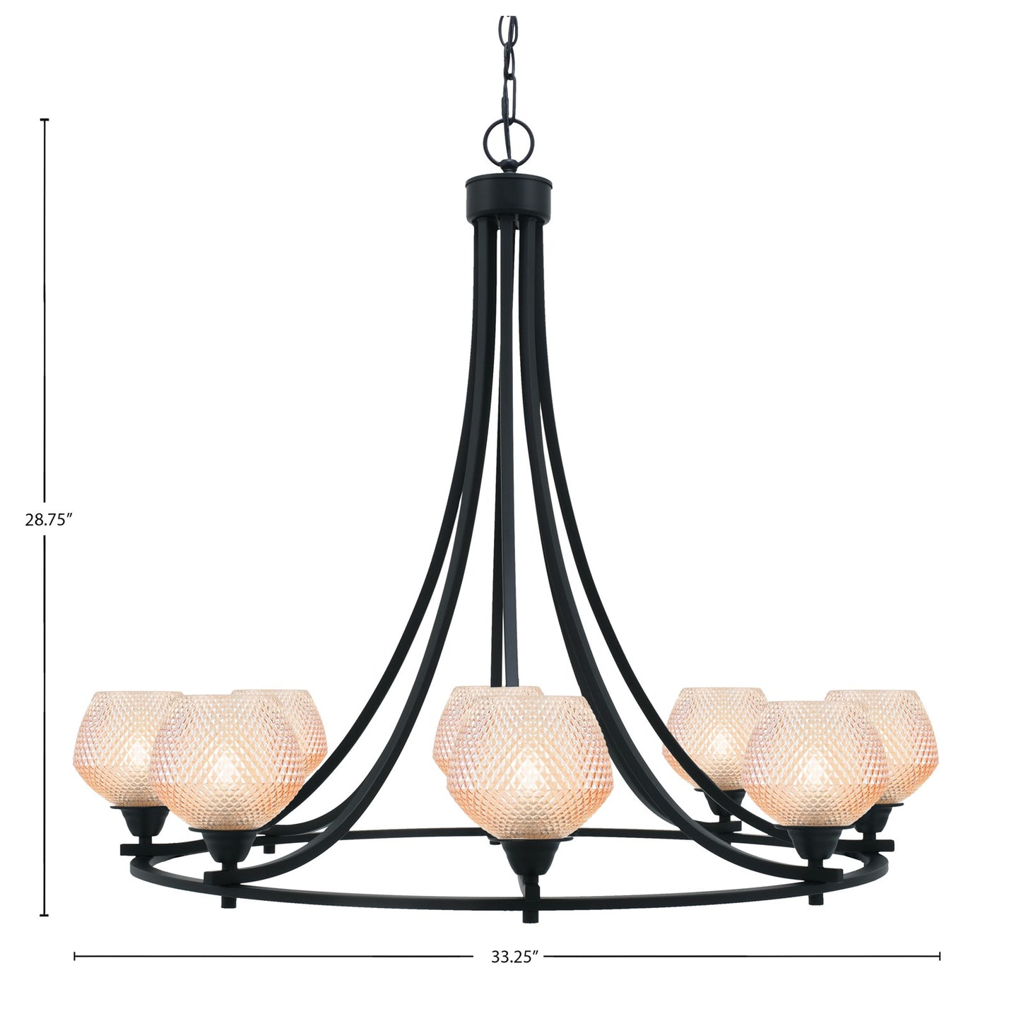 Toltec Paramount 33.25in 8-Light Chandelier | Industrial Matte Black Steel and Amber Textured Glass | Dining Room & Entryway | Model 3408-MB-4623