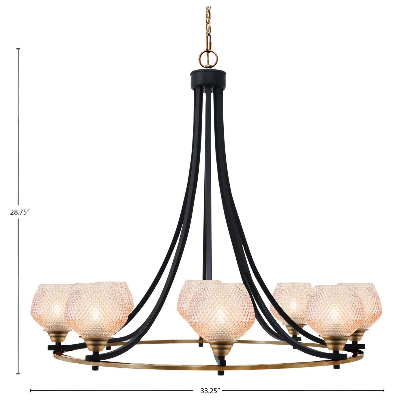 Toltec Paramount 33.25in 8-Light Chandelier | Industrial Matte Black & Brass Steel and Amber Textured Glass | Dining Room & Entryway | Model 3408-MBBR-4623