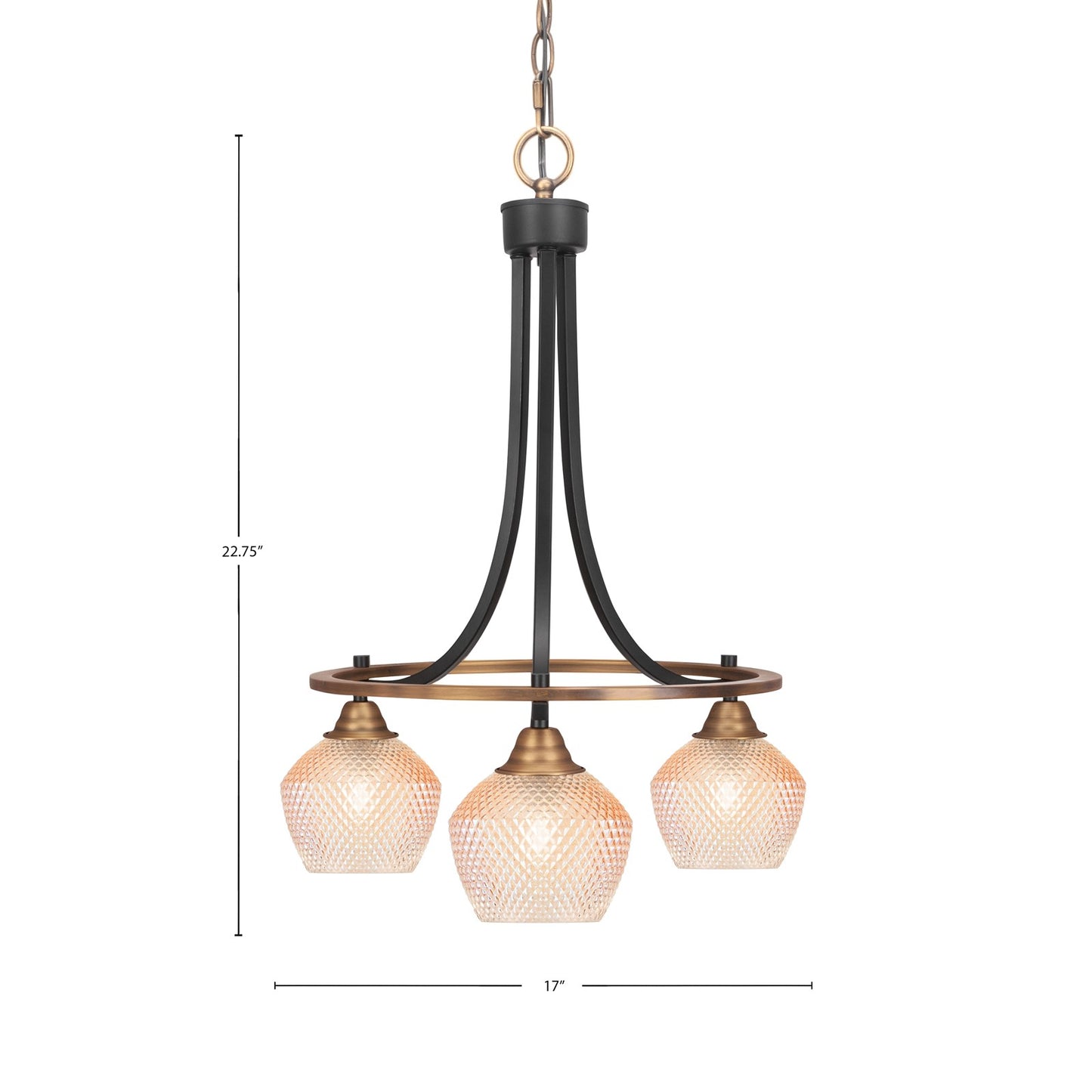 Toltec Paramount 17in 3-Light Downlight Chandelier | Industrial Matte Black & Brass Steel and Amber Textured Glass | Kitchen Island & Dining Room | Model 3413-MBBR-4623