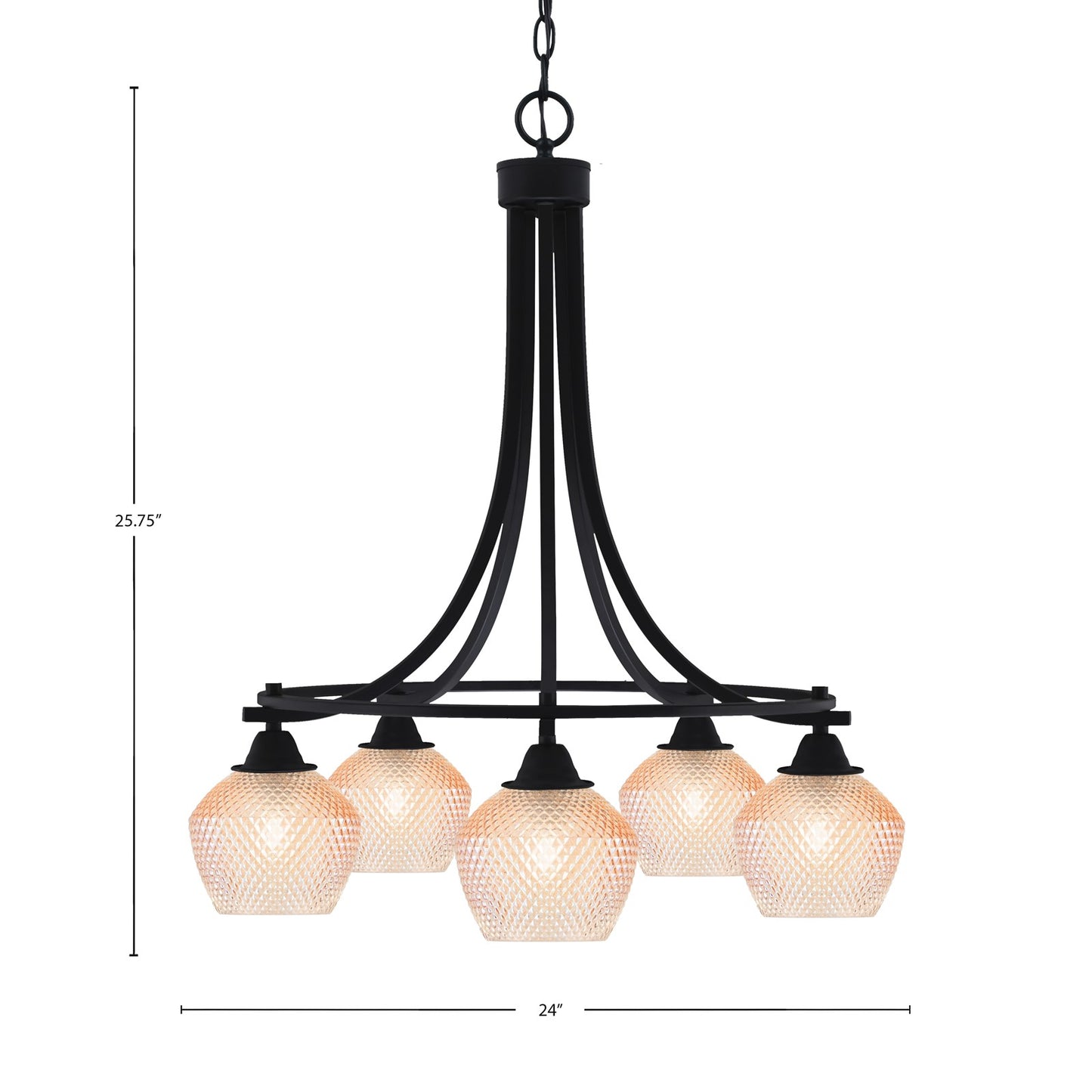 Toltec Paramount 24in 5-Light Downlight Chandelier | Industrial Matte Black Steel and Amber Textured Glass | Dining Room & Kitchen Island | Model 3415-MB-4623