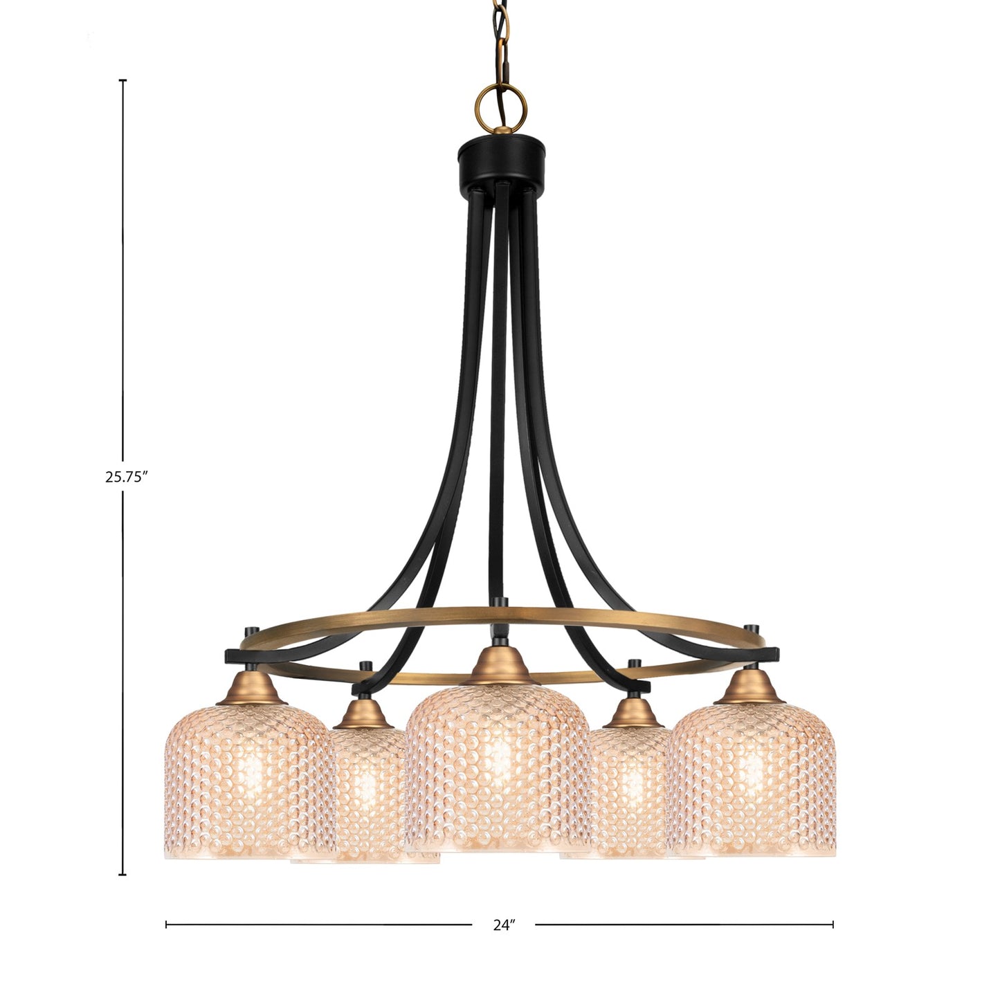 Toltec Paramount 24in 5-Light Chandelier | Industrial Matte Black & Brass and Amber Textured Glass | Dining Room & Living Room | 24 x 25.75 in | Model 3415-MBBR-4613