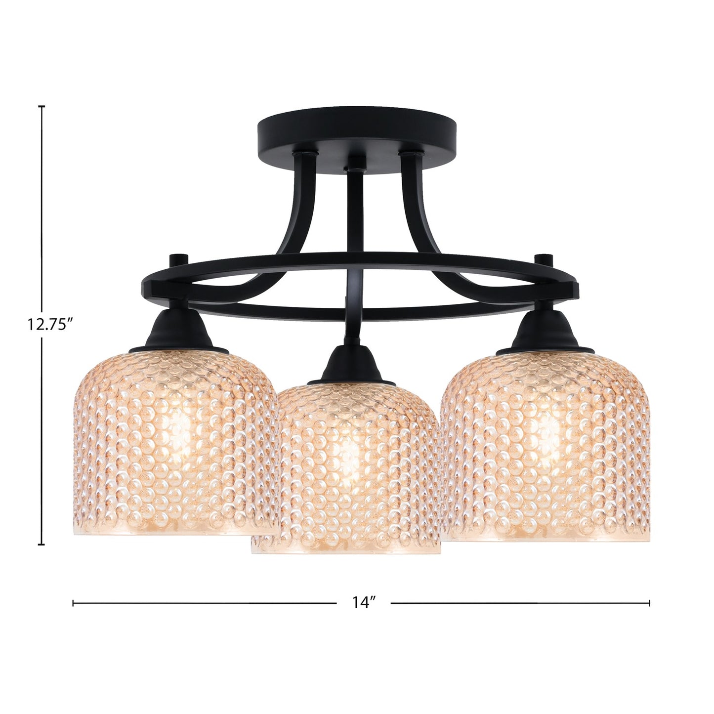 Toltec Paramount 14in 3-Light Semi-Flush Mount | Industrial Matte Black and Amber Textured Glass | Hallway & Bedroom | 14 x 12.75 in | Model 3417-MB-4613