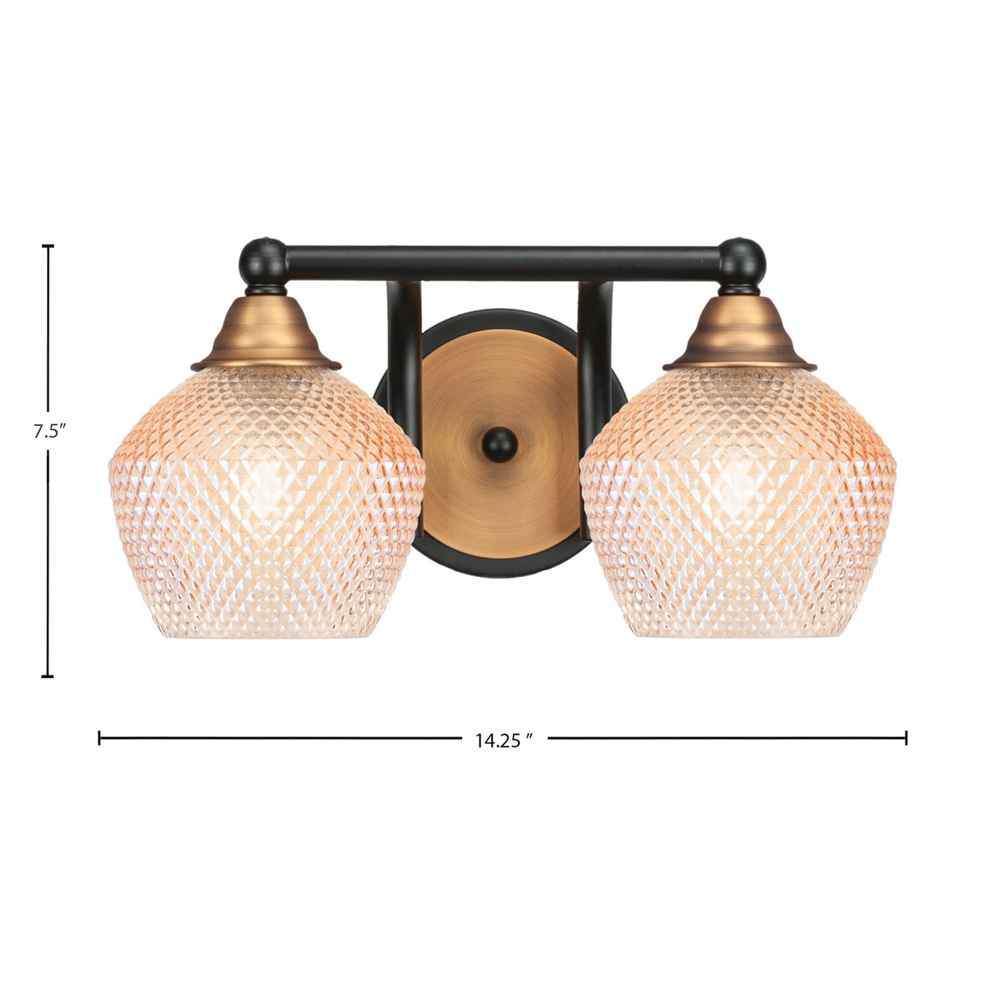 Toltec Paramount 14in 2-Light Bath Bar | Matte Black & Brass Steel and Amber Textured Glass | Bathroom Vanity | 14.25 x 8 x 7.5 in | Model 3422-MBBR-4623