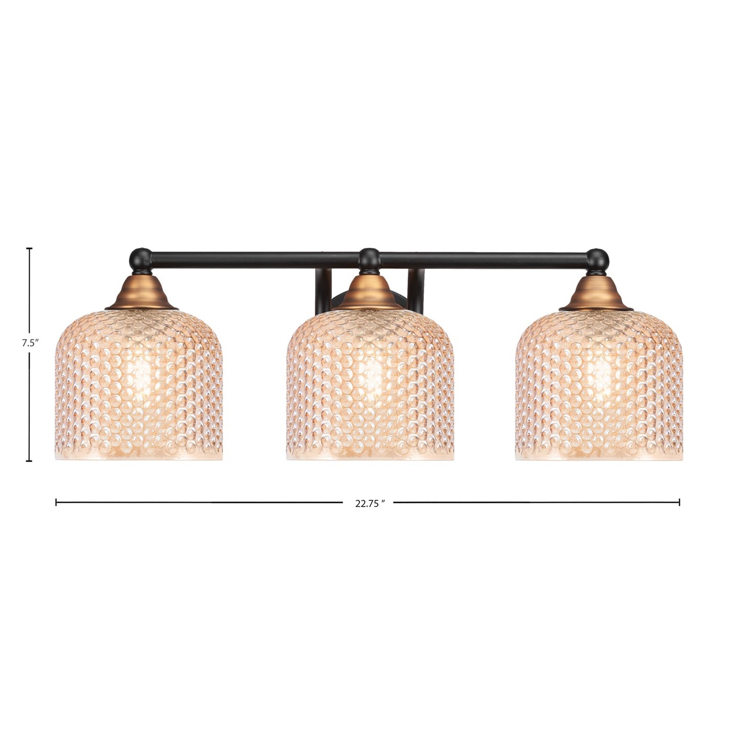 Toltec Paramount 22.75in 3-Light Bath Bar | Modern Matte Black & Brass Steel and Amber Textured Glass | Bathroom Vanity Light | 22.75 x 8.5 x 7.5 in | Model 3423-MBBR-4613