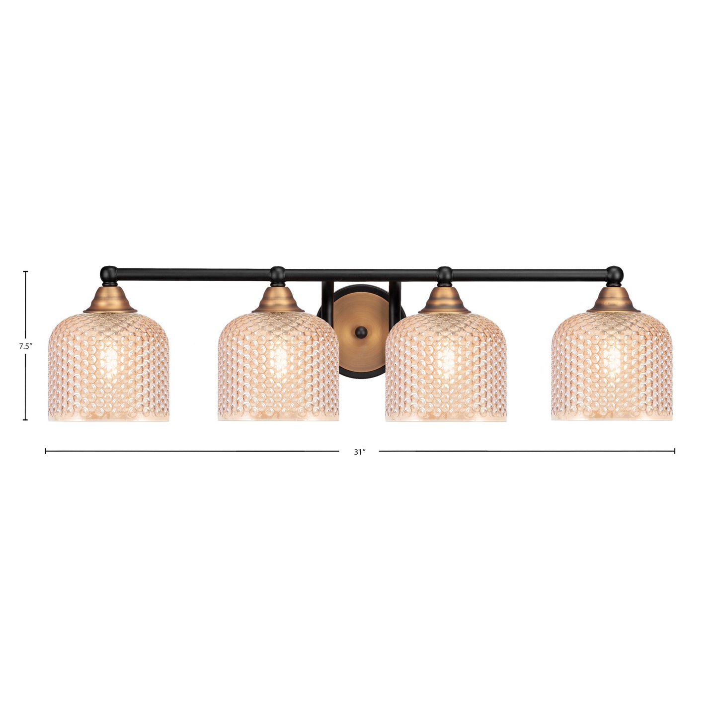 Toltec Paramount 31in 4-Light Bath Bar | Matte Black & Brass Steel and Amber Textured Glass | Bathroom Vanity Lighting | 31 x 8 x 7.5 in | Model 3424-MBBR-4613