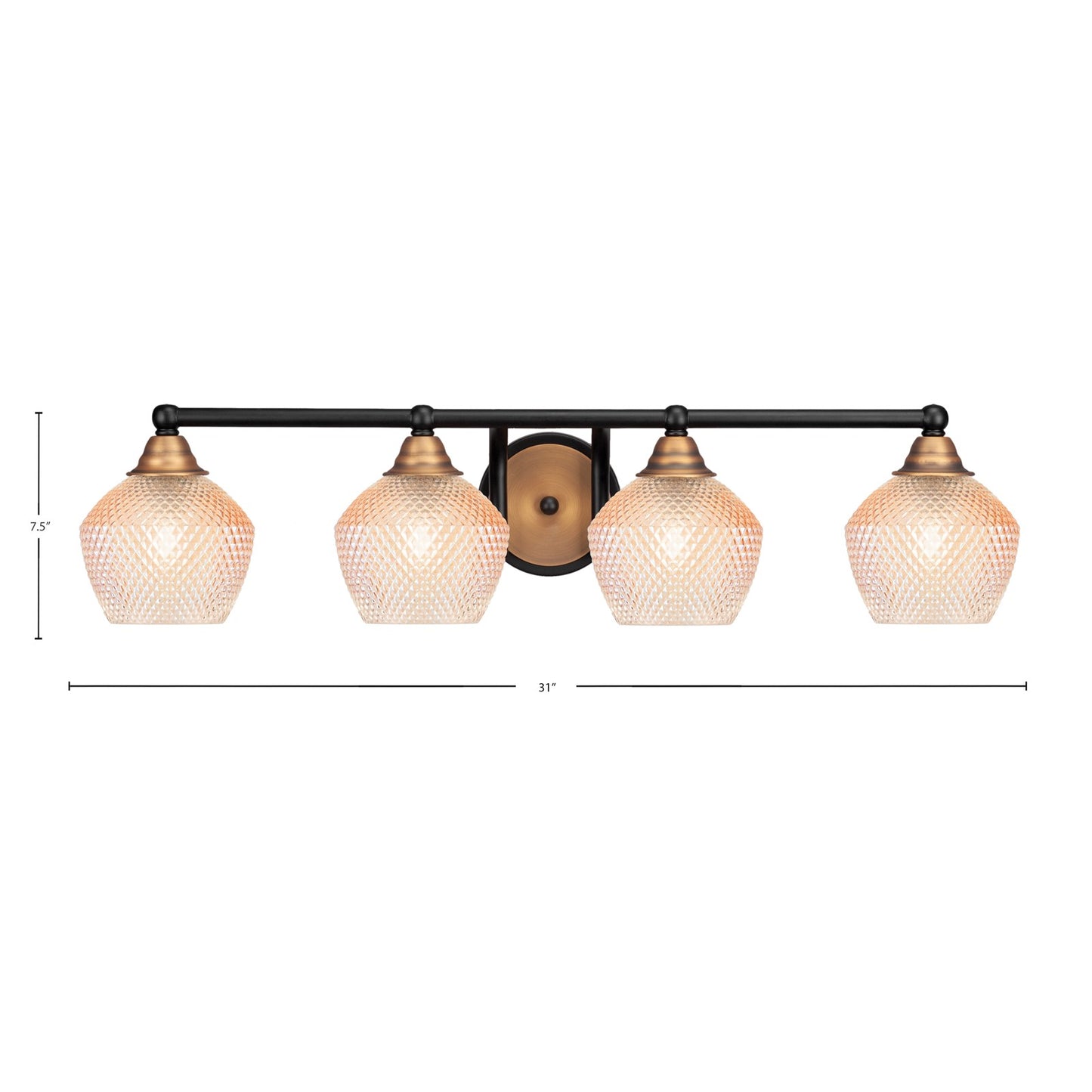 Toltec Paramount 31in 4-Light Bath Bar | Matte Black & Brass Steel and Amber Textured Glass | Bathroom Vanity | 31 x 7.5 x 8 in | Model 3424-MBBR-4623