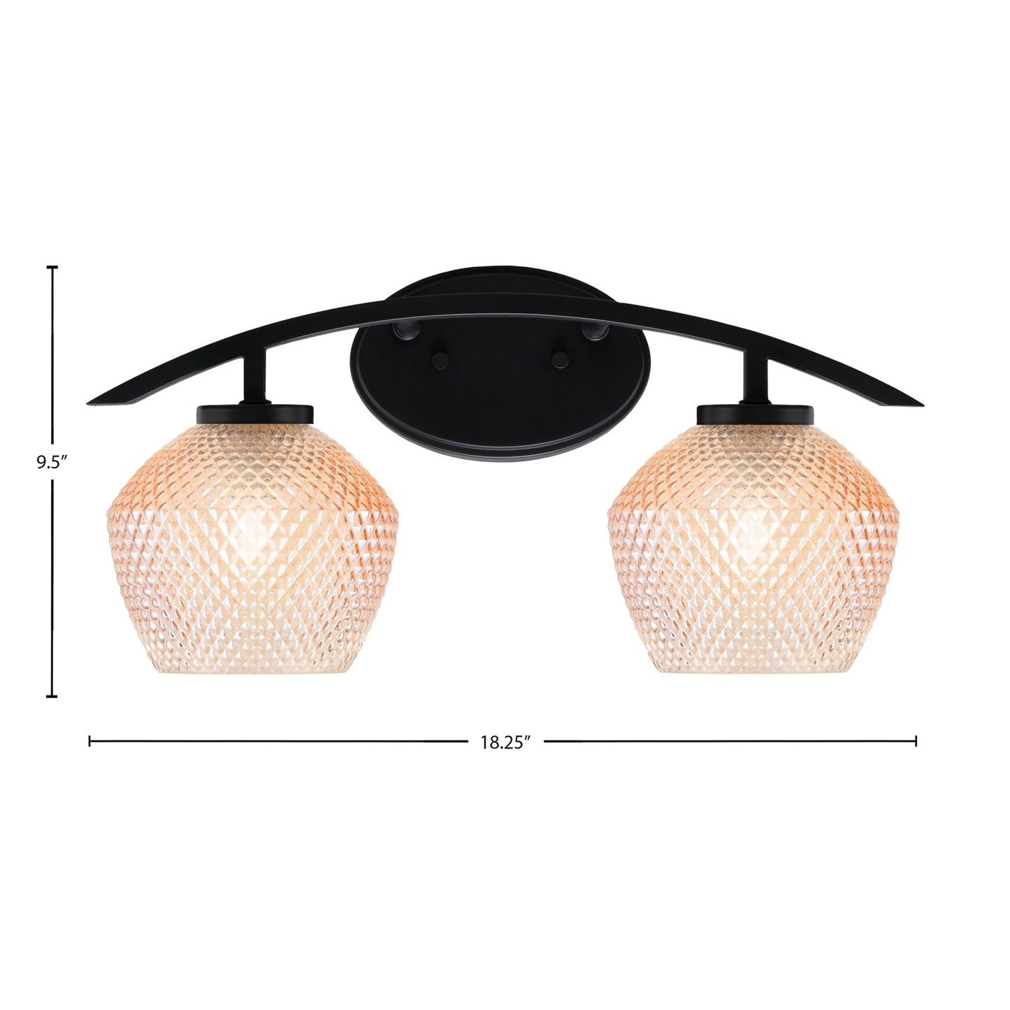 Toltec Kurve 18.25in 2-Light Bathroom Vanity Light | Modern Matte Black Steel and Amber Textured Glass | Bathroom Vanity | 18.25 x 9.5 x 8 in | Model 3722-MB-4623