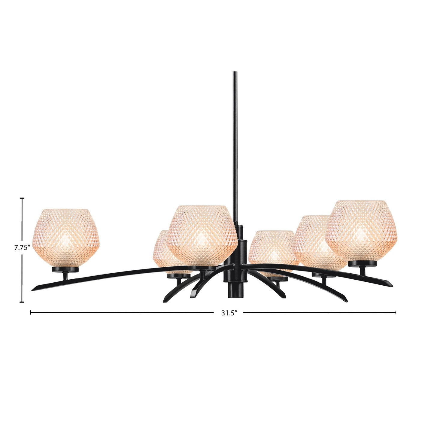 Toltec Kurve 31.5in 6-Light Chandelier | Modern Matte Black Steel and Amber Textured Glass | Dining Room & Entryway | 6 x 31.5 x 7.75 in | Model 3746-MB-4623