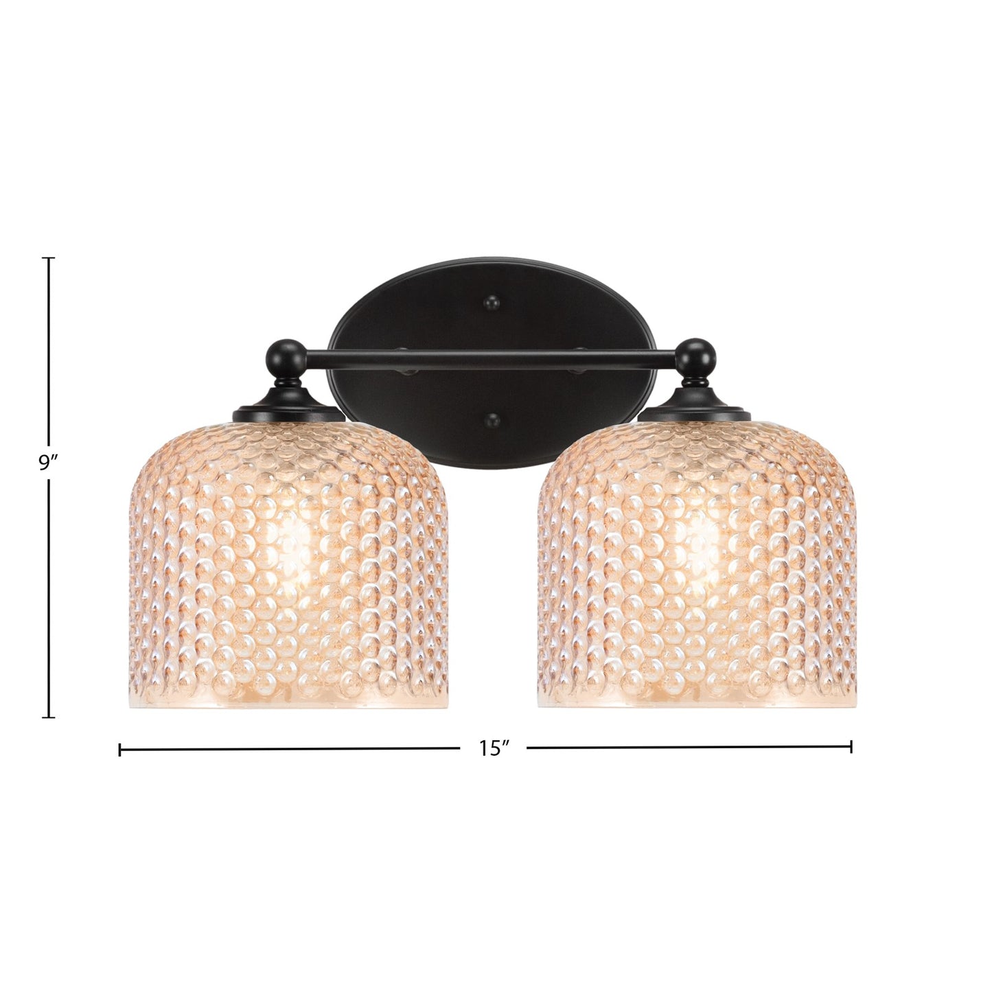 Toltec Capri 15in 2-Light Bath Bar | Modern Matte Black Steel and Amber Textured Glass | Bathroom Vanity Light | 15 x 9 x 8.25 in | Model 5912-MB-4613