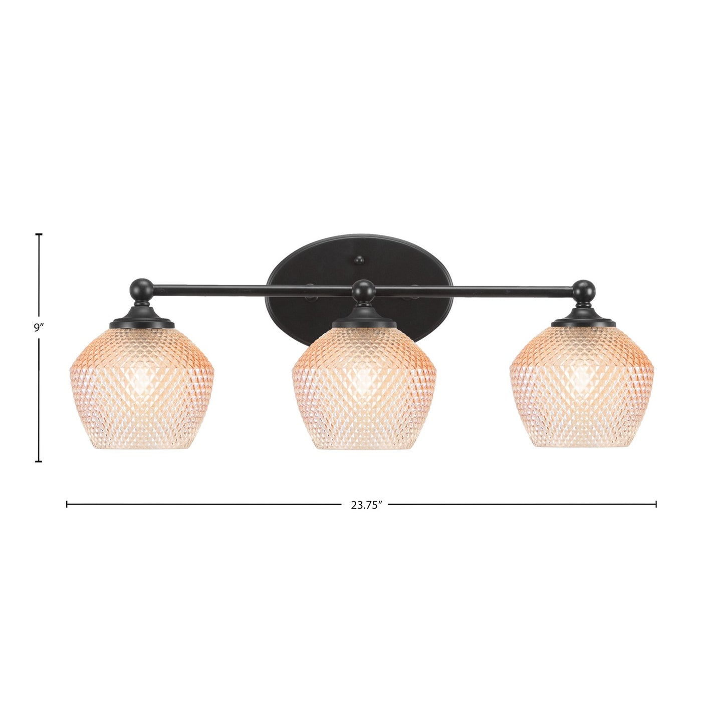 Toltec Capri 23.25in 3-Light Bath Bar | Modern Matte Black Steel and Amber Textured Glass | Bathroom Vanity Lighting | 23.25 x 9 x 8.25 in | Model 5913-MB-4623