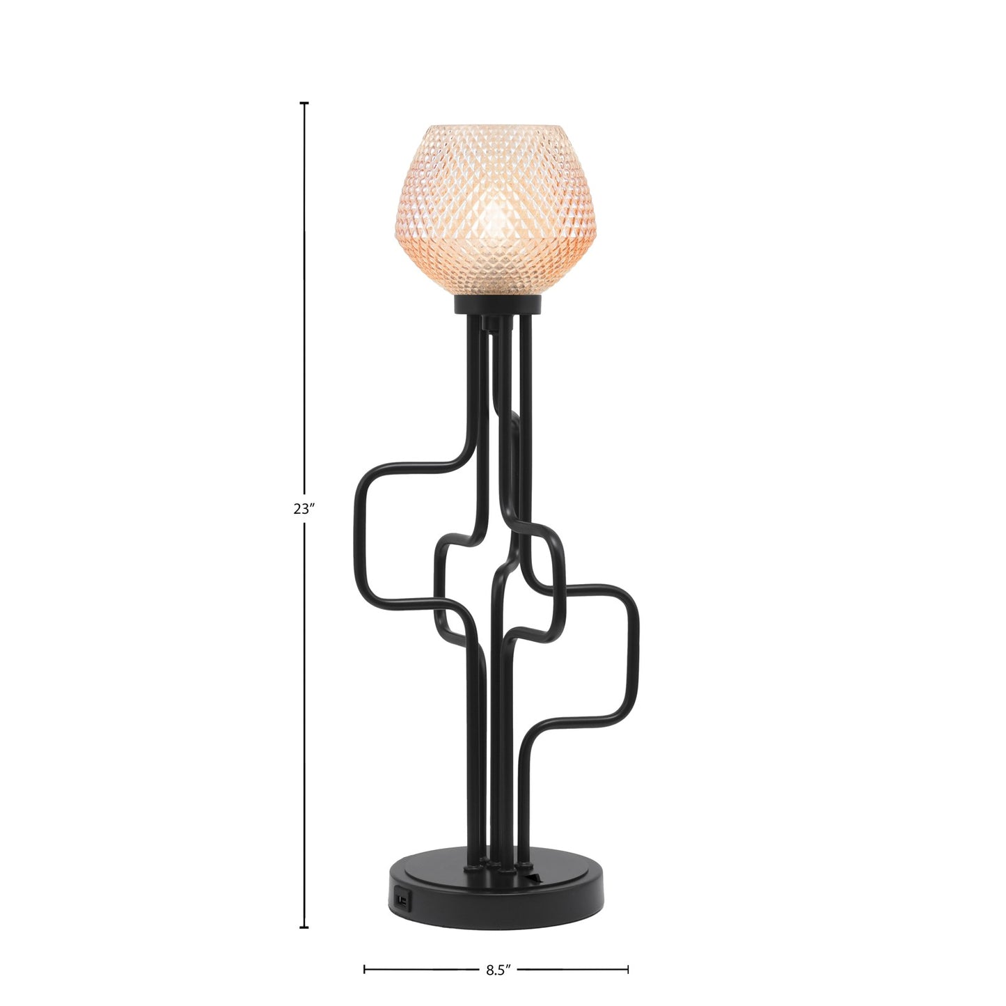 Toltec Sandia 1-Light Table Lamp | Modern Matte Black Steel and Amber Textured Glass | Bedroom & Home Office Nightstand | 8.5 x 23 in, USB Ports | Model 62-MB-4623