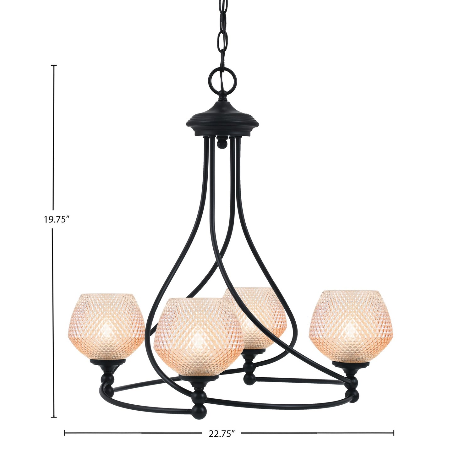 Toltec Capri 27.25in 4-Light Uplight Chandelier | Modern Matte Black Steel and Amber Textured Glass | Dining Room & Entryway | 27.25 x 10 in | Model 904-MB-4623