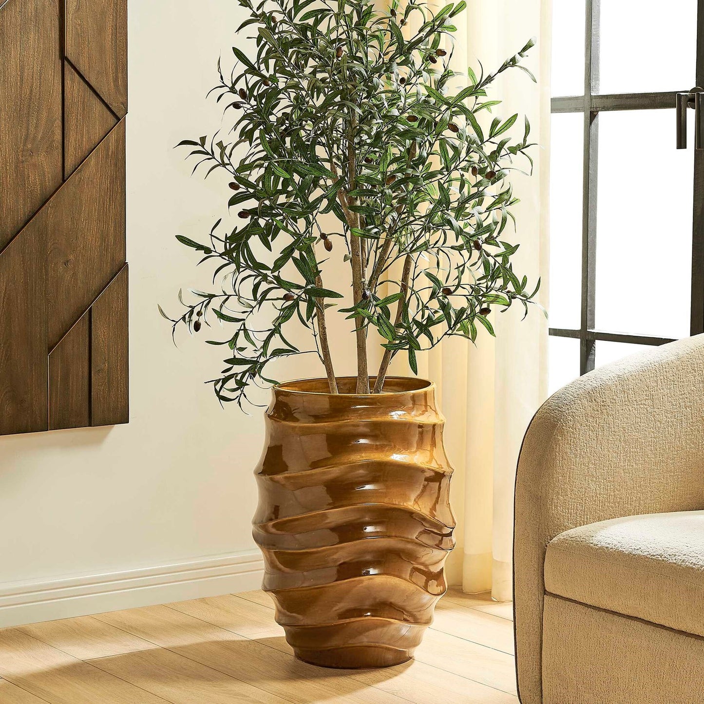Uttermost Canyon Wave 24in Ceramic Planter | Earthy Brown Glazed Earthenware | Indoor & Outdoor Patio Decor | 17.7 x 17.7 x 24 in | Model 18389
