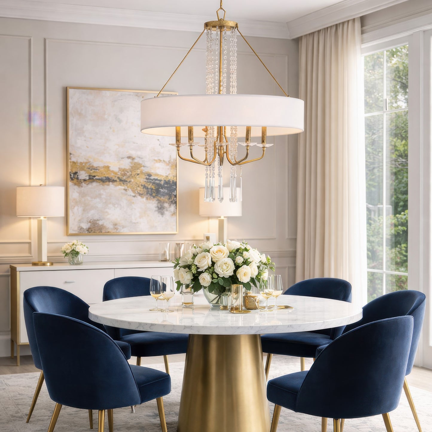 Varaluz Barcelona 6 Light Pendant, Brass Kisser/White