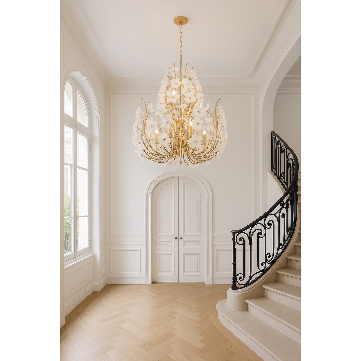 Varaluz Petal Court 12 Light Chandelier, French Gold/Clear and White