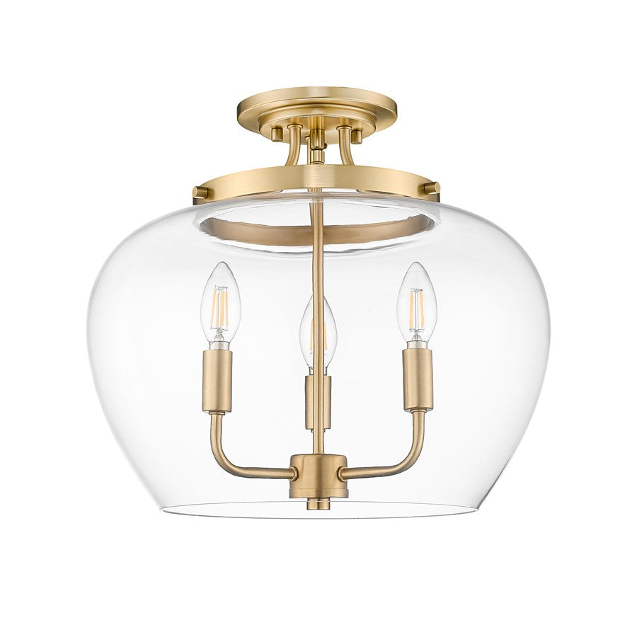 Z-Lite Joliet 3 Light Semi Flush Mount, Burnished Brass/Clear