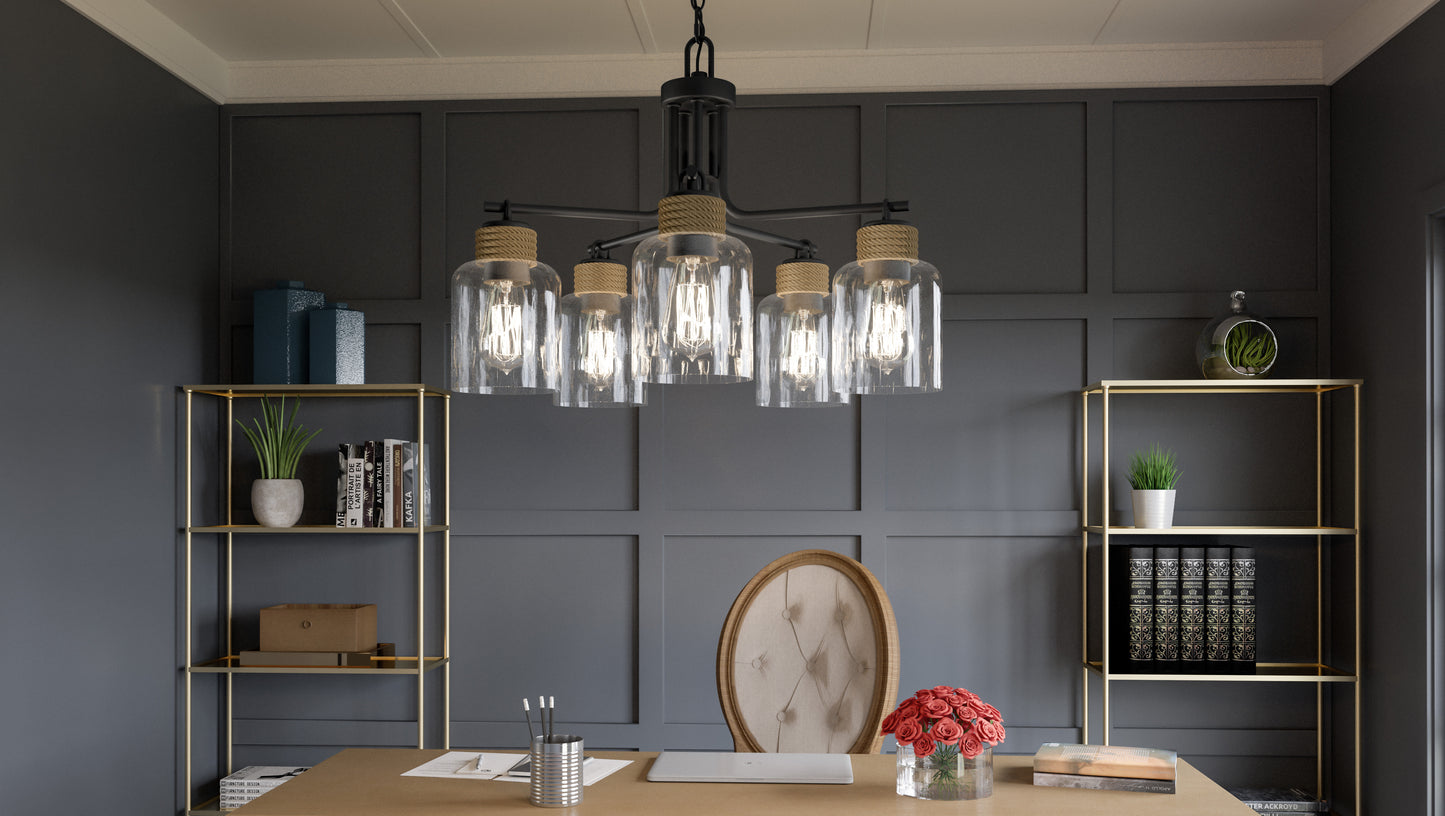 Quoizel Baltic 5 Light Chandelier, Matte Black/Clear Water