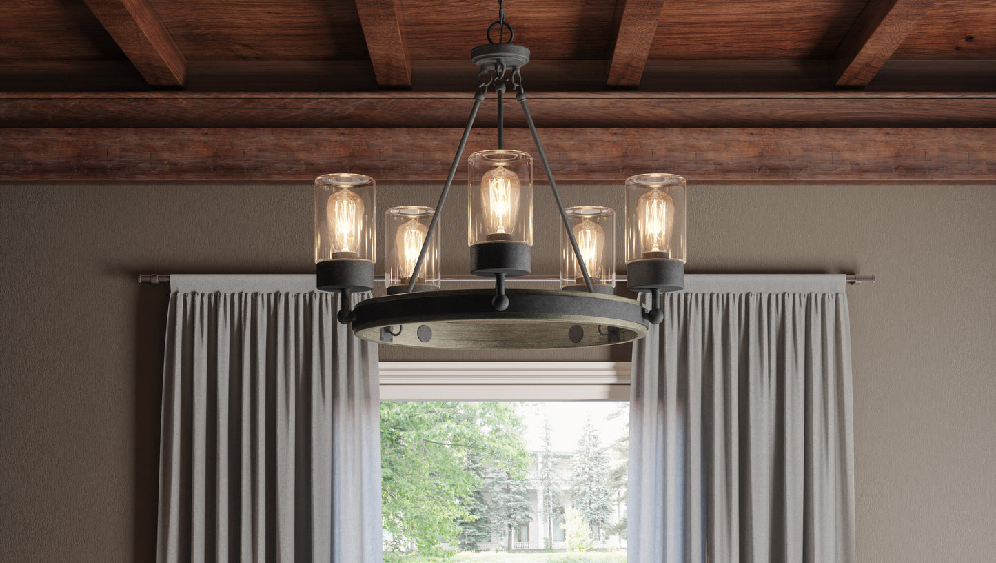 Quoizel Kelleher 5 Light Chandelier, Distressed Iron/Clear