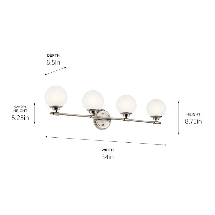 Kichler Benno 34in 4-Light Vanity | Polished Nickel Steel & Opal Glass | Bathroom Vanity Light | 4 x 40W G9, Dimmable, Damp Rated | Model 55173PN