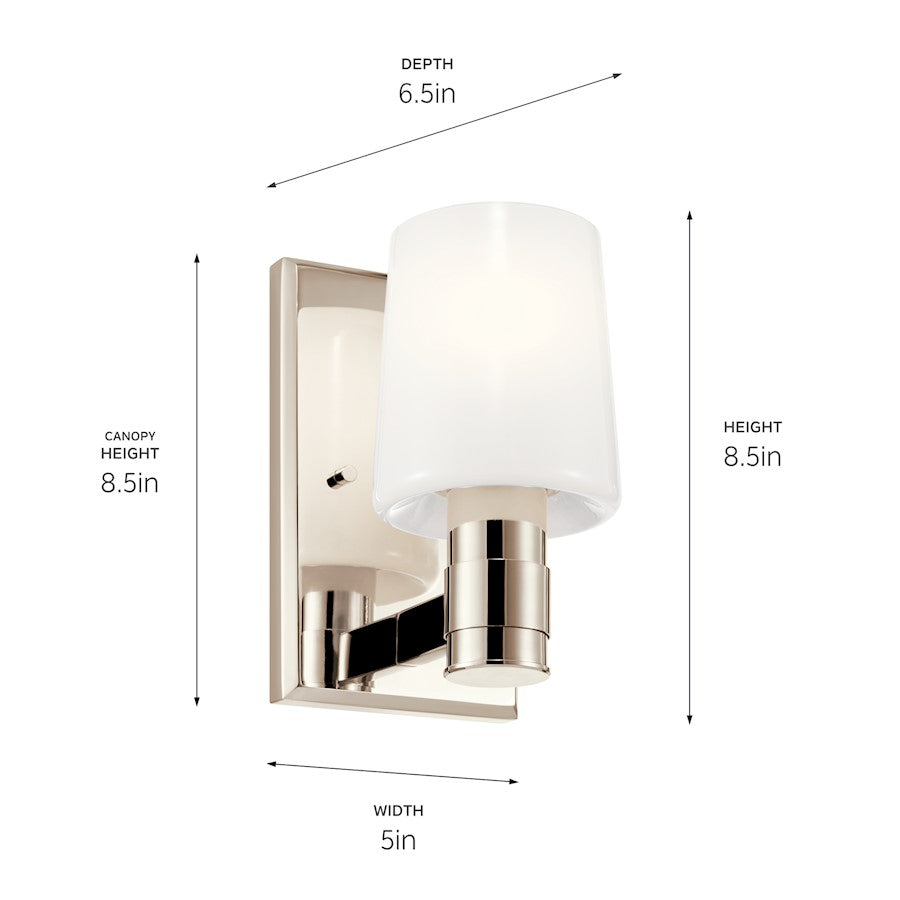 Kichler Adani 8.5in Wide 1-Light Vanity Light | Modern Polished Nickel & Opal Glass | Bathroom & Powder Room Light | 60W Incandescent | Model 55174PN