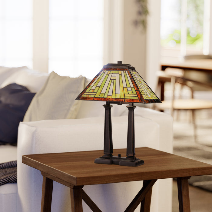 Quoizel Decker 2 Light Table Lamp, Russet/Tiffany