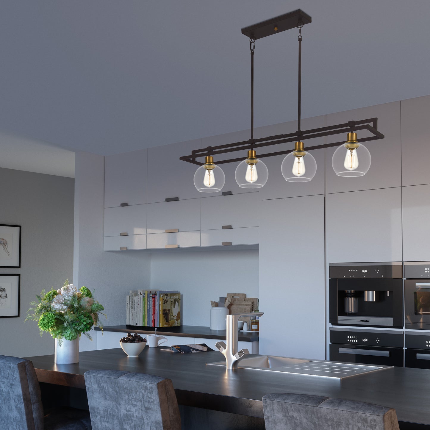 Quoizel Dobbs Linear 4 Light Chandelier, Old Bronze/Clear Glass