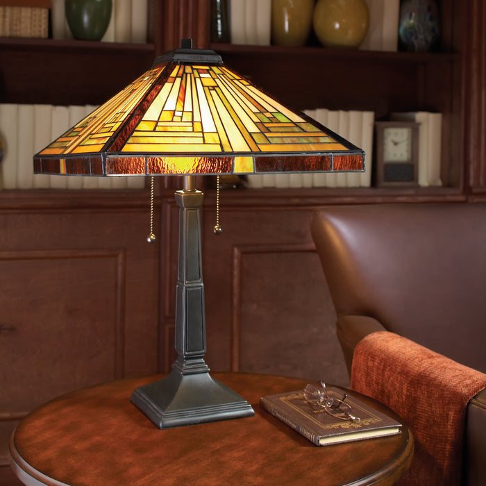 Quoizel 2 Light Stephen Tiffany Table Lamp, Vintage Bronze