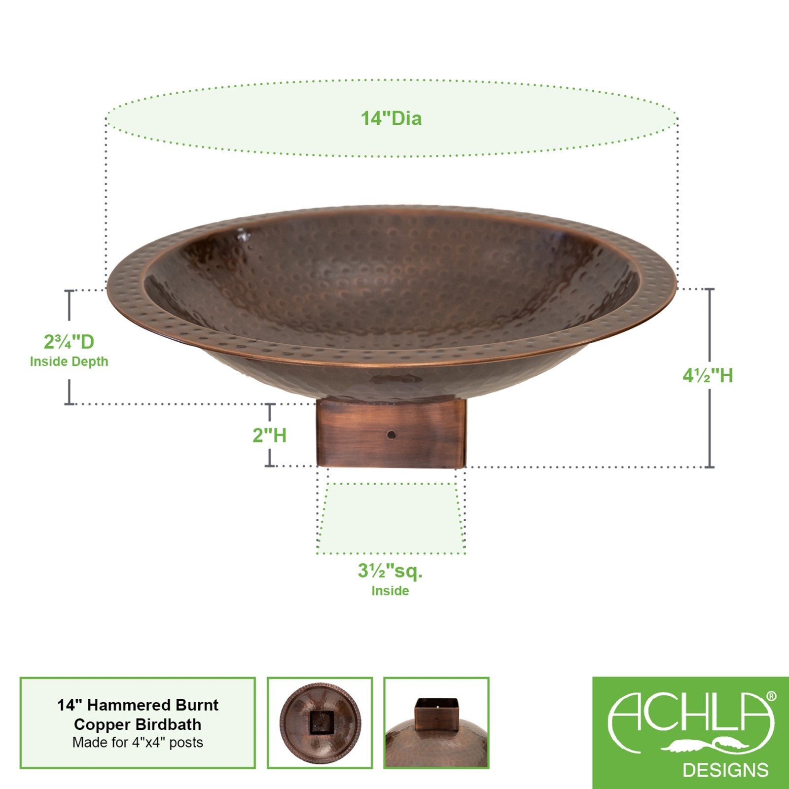 Achla Hammered Copper 14in Birdbath for 4x4 Post | Copper Plated Brass | Garden & Patio Bird Bath | 14 x 14 x 6.5 in | Model BBHC-14P