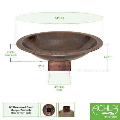 Achla Hammered Copper 14in Birdbath Bowl | Rustic Brass with Copper Plated Finish | Garden & Patio Post-Mounted Bird Bath | Model BBHC-14P