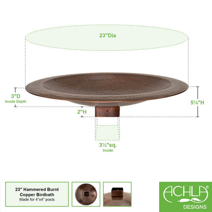 Achla Hammered Copper 23in Birdbath for 4x4 Post | Copper Plated Brass | Garden & Patio Bird Bath | 23 x 23 x 7.25 in | Model BBHC-23P