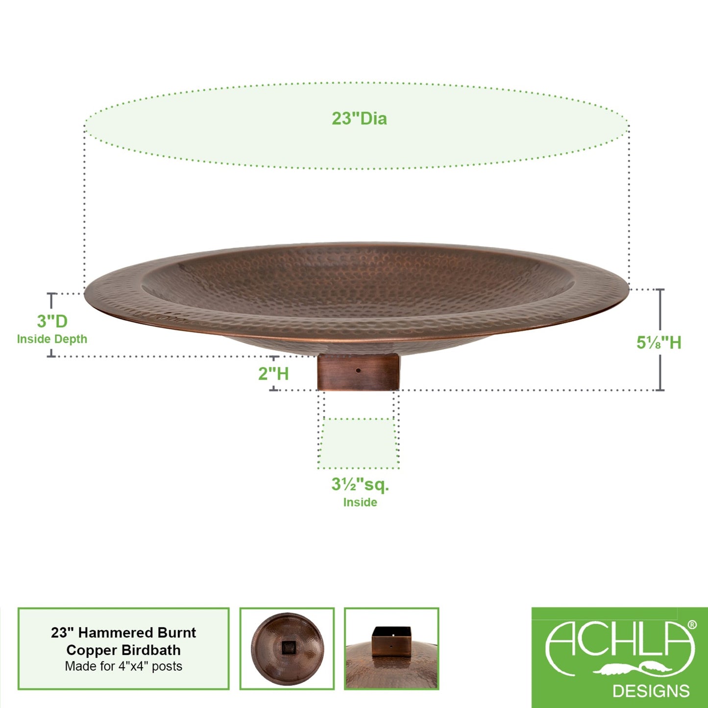 Achla Hammered Copper 23in Birdbath Bowl | Rustic Copper Plated Brass | Garden & Patio Bird Bath | 23 x 23 x 7.25 in | Model BBHC-23P