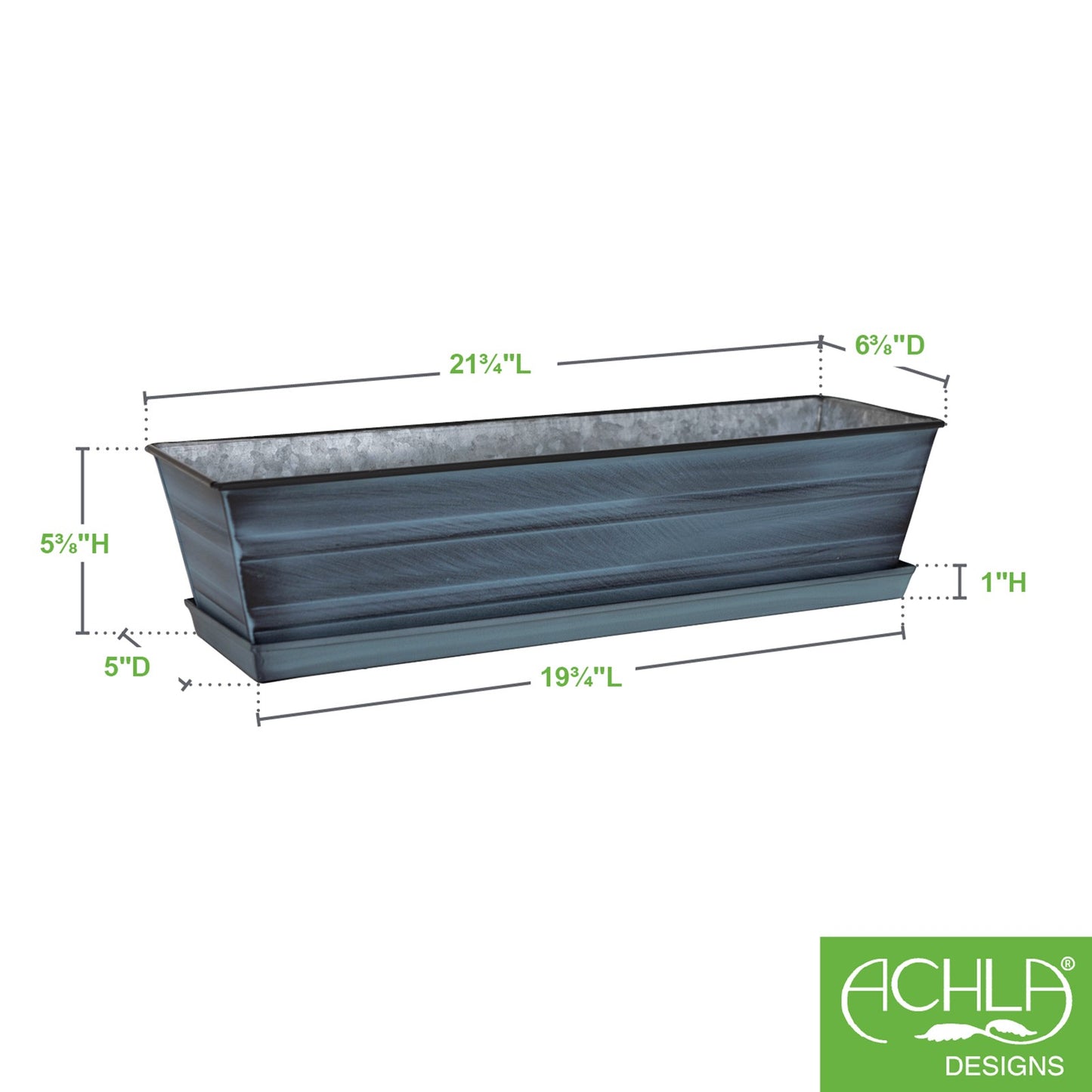 Achla Small Nantucket Blue Flower Box with Tray | Galvanized Steel | Deck, Balcony & Indoor Container Garden | 22 x 6 x 5 in | Model C-08NB-T