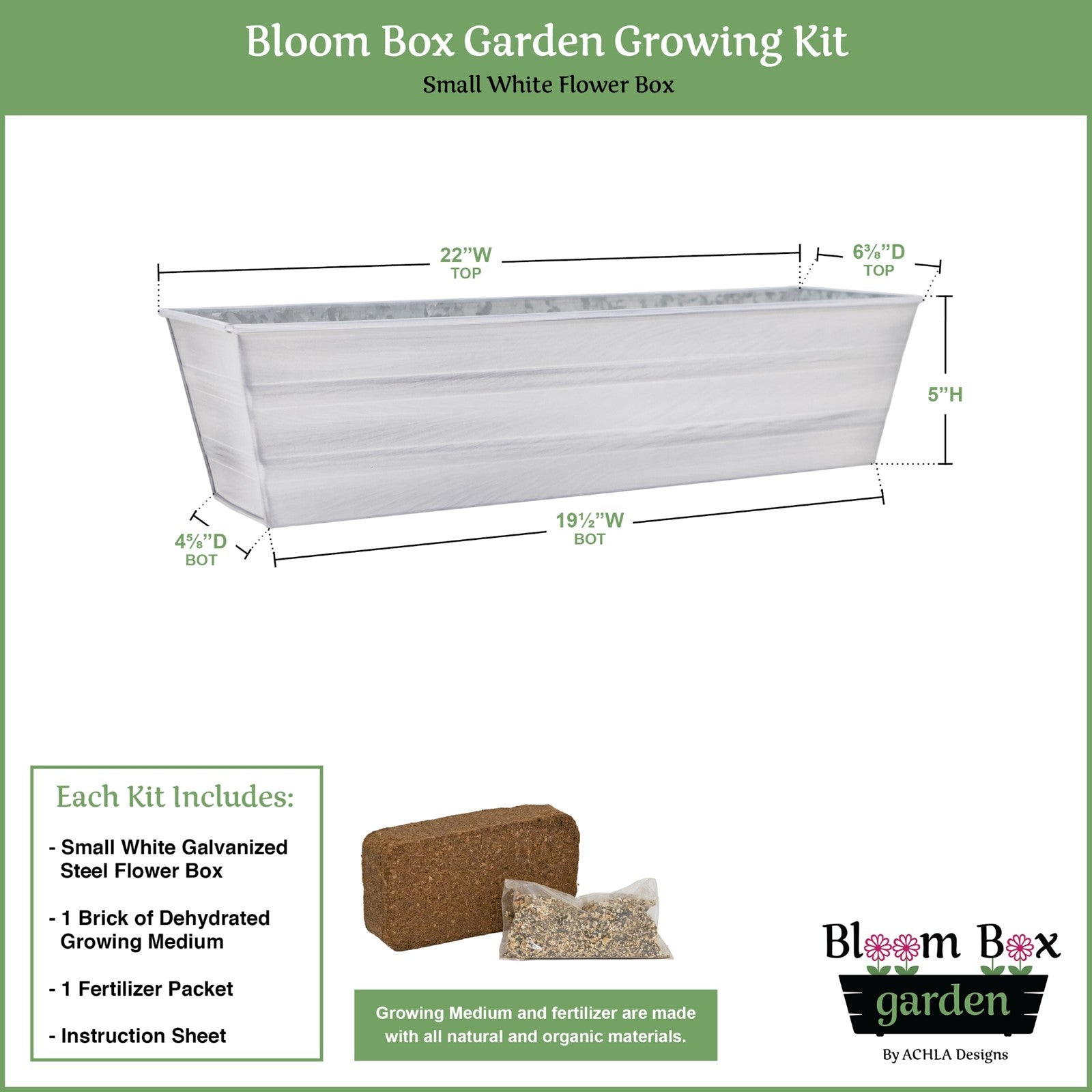 Achla Bloom Box Garden Growing Kit Small Cape Cod White | Galvanized Steel White Patina | Deck & Balcony Container Garden | Model C-08W-GK