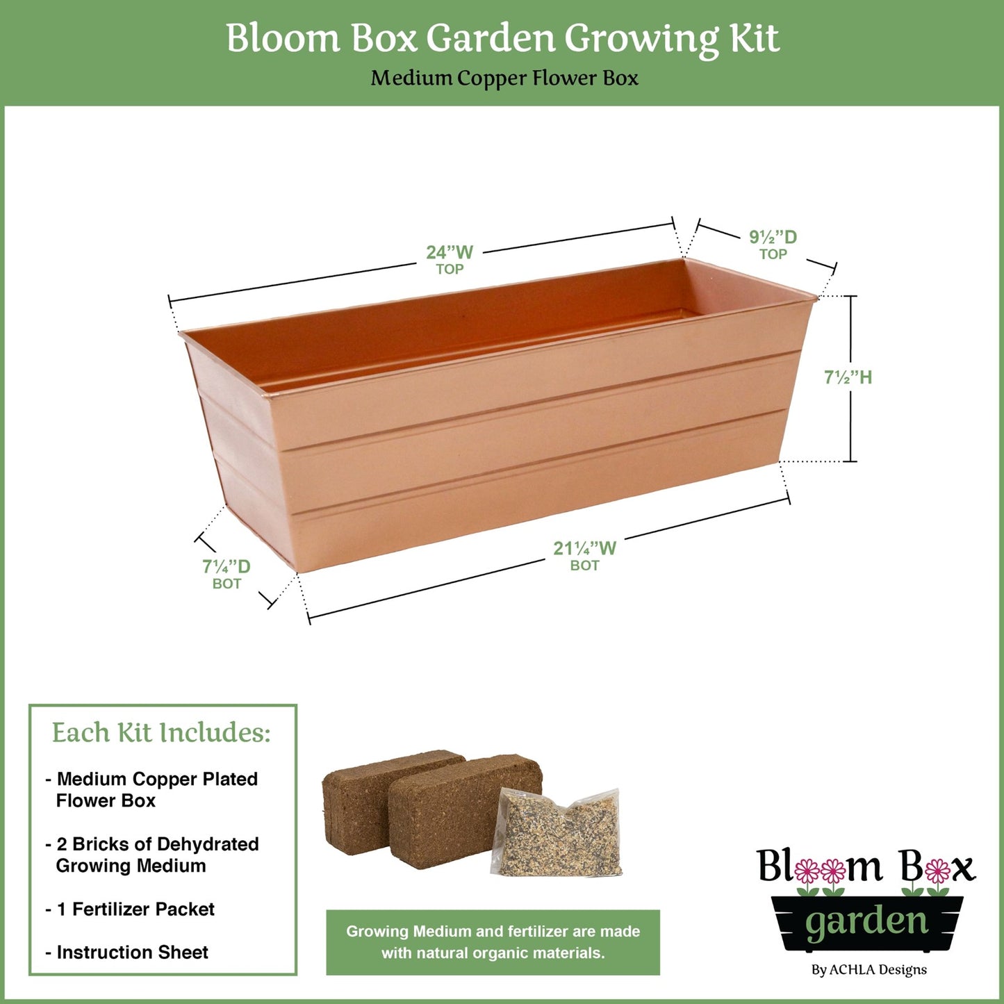 Achla Bloom Box Garden Growing Kit, Medium Copper | Galvanized Steel Planter Box | Deck, Porch & Balcony Container Garden | 24 x 9.5 | Model C-20C-GK2