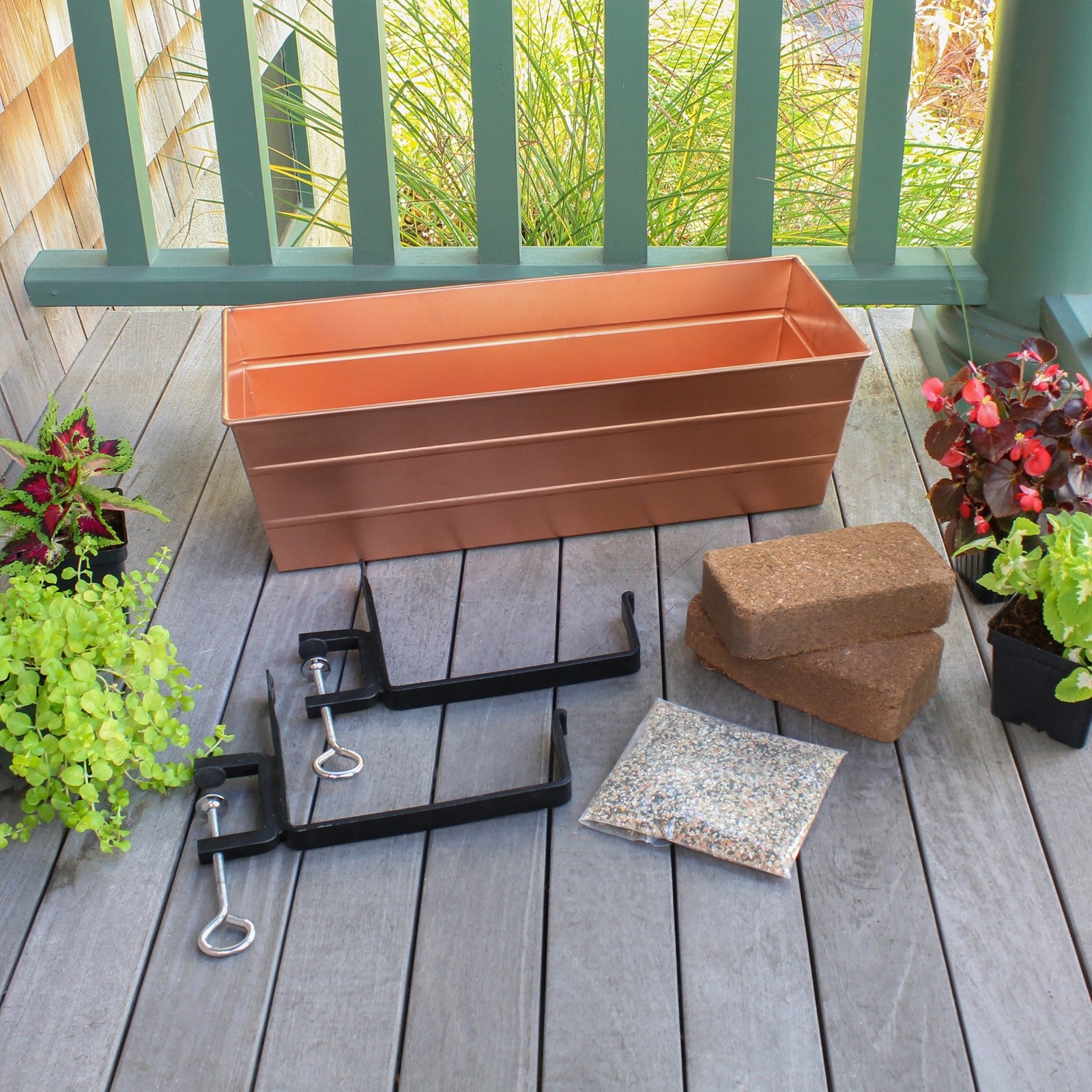 Achla Bloom Box Garden Growing Kit, Medium Copper with Clamp-On Brackets | Galvanized Steel Planter for Flat Railings | Deck & | Model C-20C-RM-GK2