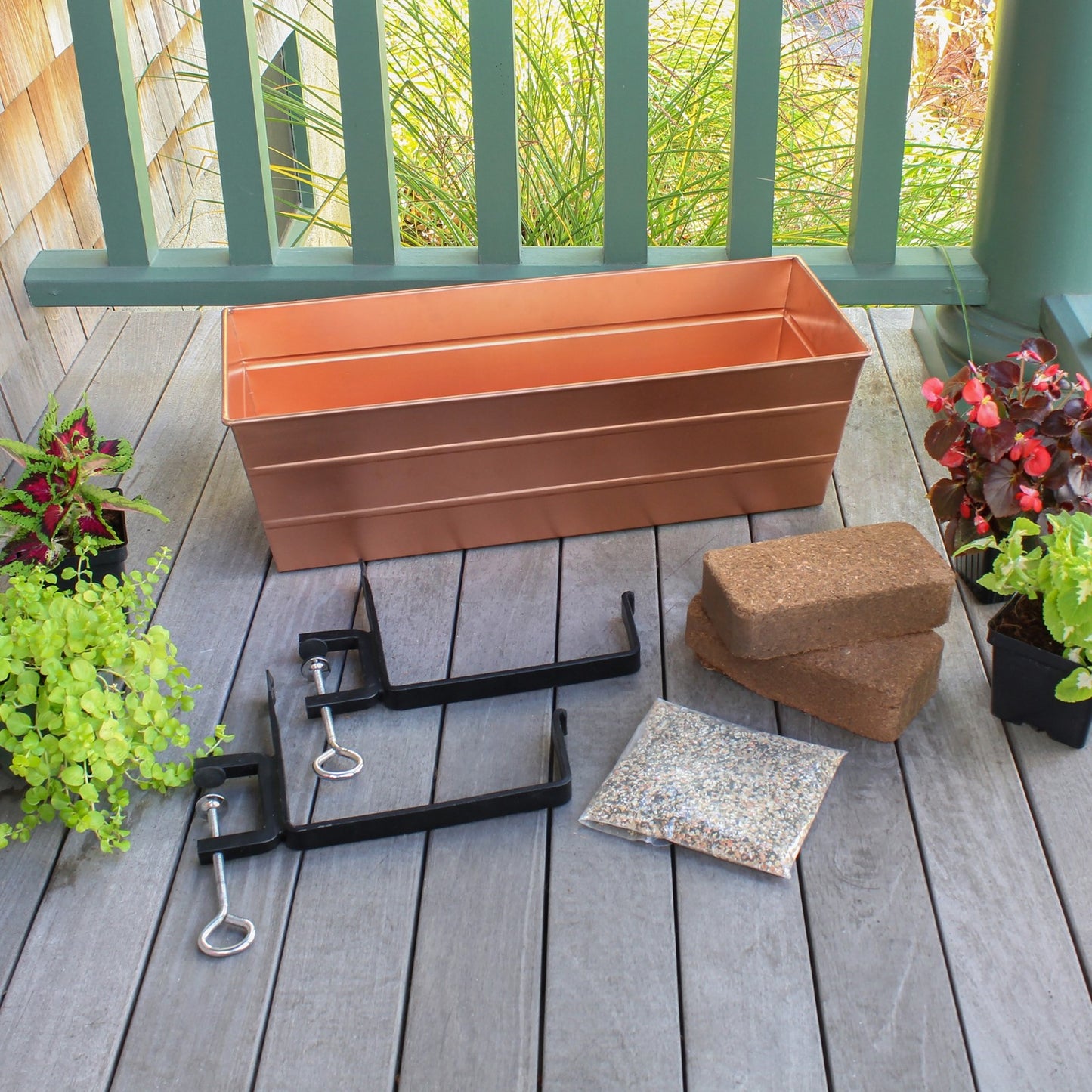 Achla Bloom Box Medium Copper Planter | Galvanized Steel with Wrought Iron Brackets | Deck & Balcony Railing Garden | Model C-20C-RM-GK2