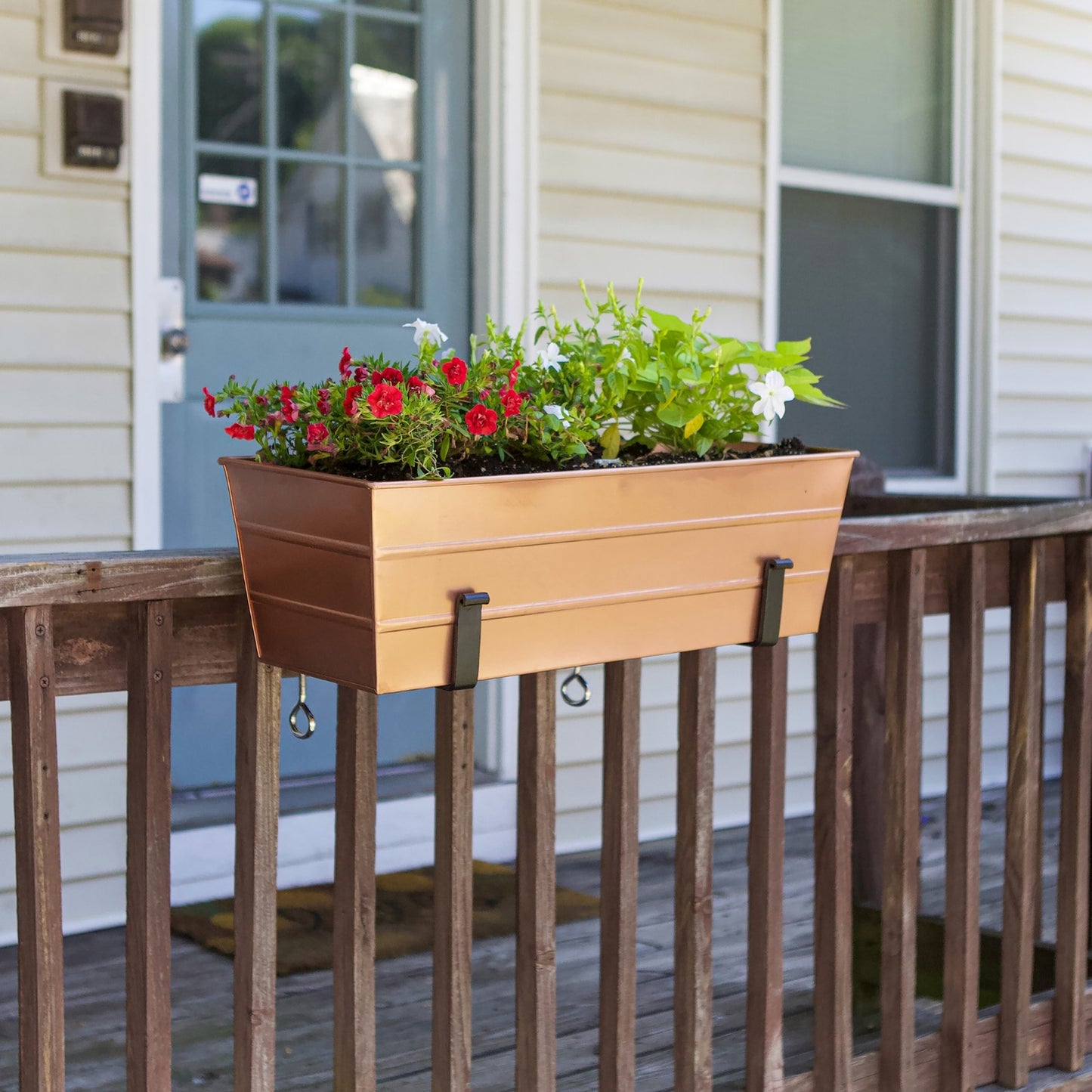 Achla Bloom Box Medium Copper Planter | Galvanized Steel with Wrought Iron Brackets | Deck & Balcony Railing Garden | Model C-20C-RM-GK2