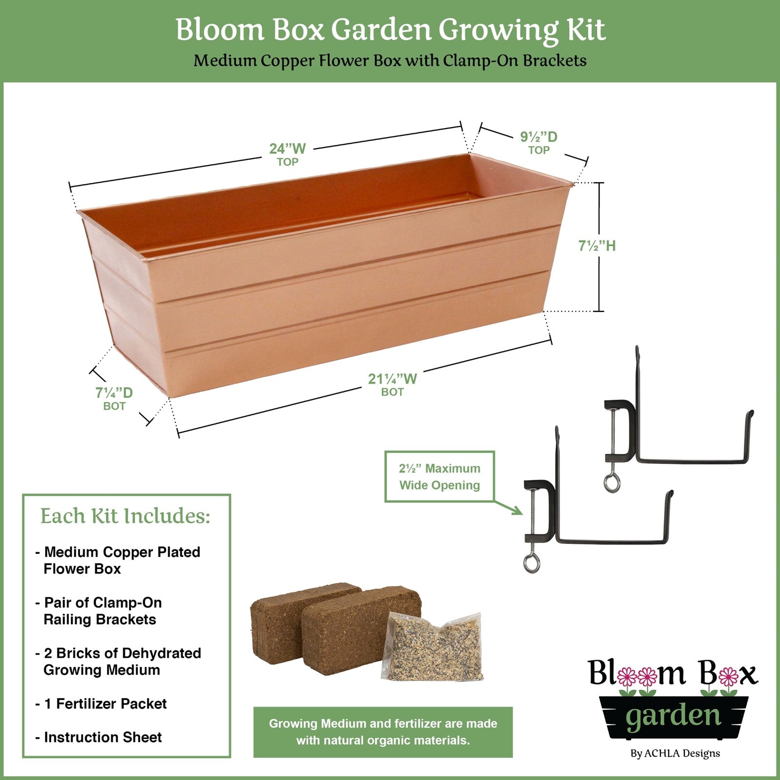 Achla Bloom Box Garden Growing Kit, Medium Copper with Clamp-On Brackets | Galvanized Steel Planter for Flat Railings | Deck & | Model C-20C-RM-GK2