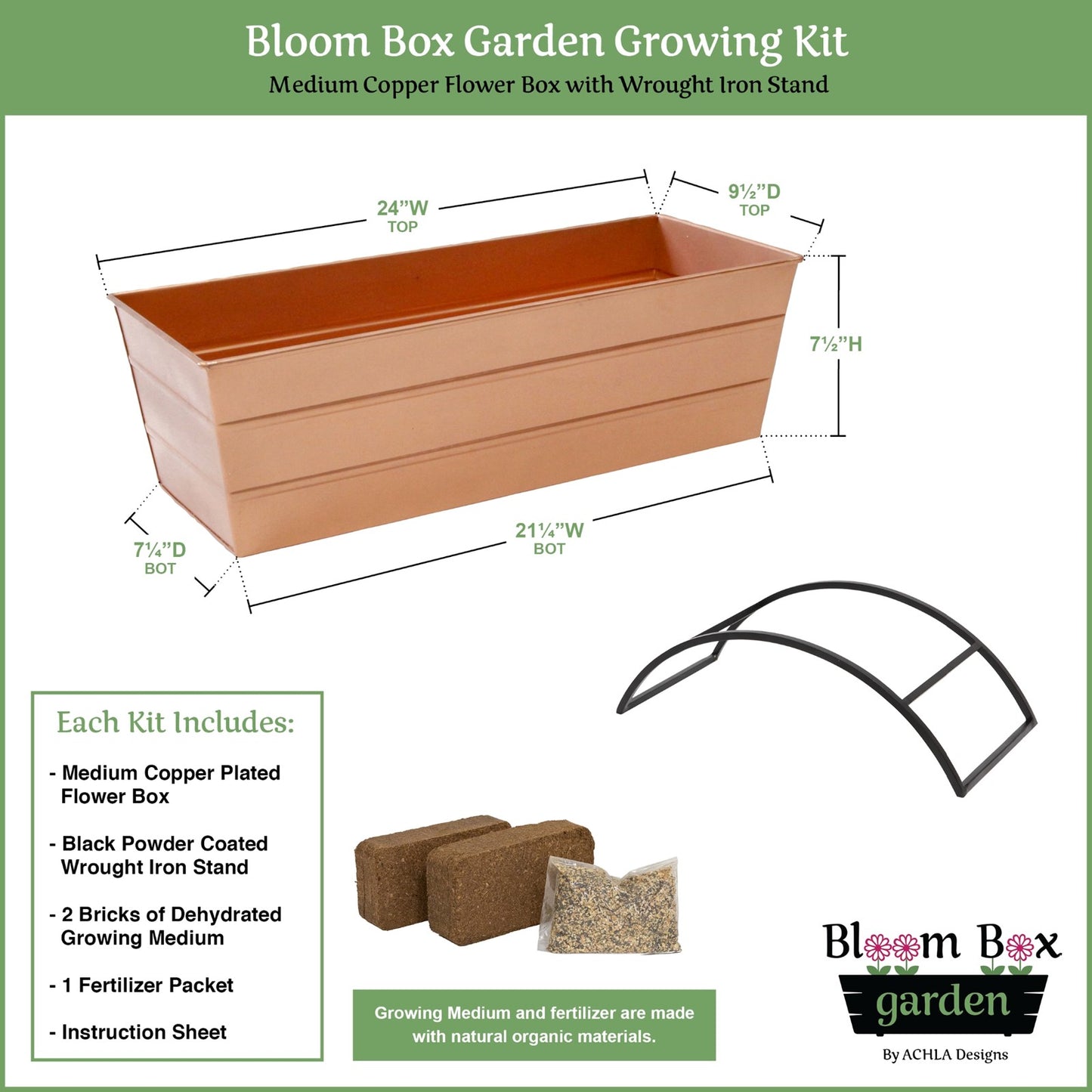 Achla Bloom Box Garden Growing Kit Medium Copper | Galvanized Steel Planter on Wrought Iron Stand | Deck, Patio & Balcony Garden | Model C-20C-S-GK2
