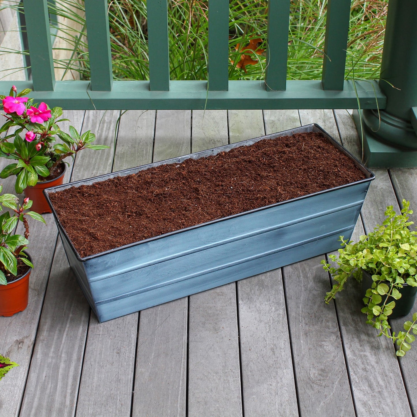 Achla Bloom Box Garden Growing Kit Medium Nantucket Blue | Galvanized Steel Planter | Deck, Porch & Balcony Container Garden | Model C-20NB-GK2