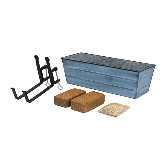 Achla Bloom Box Garden Growing Kit Medium Blue | Galvanized Steel with Blue Patina Finish | Deck Railing Planter with Clamp-On | Model C-20NB-RM-GK2