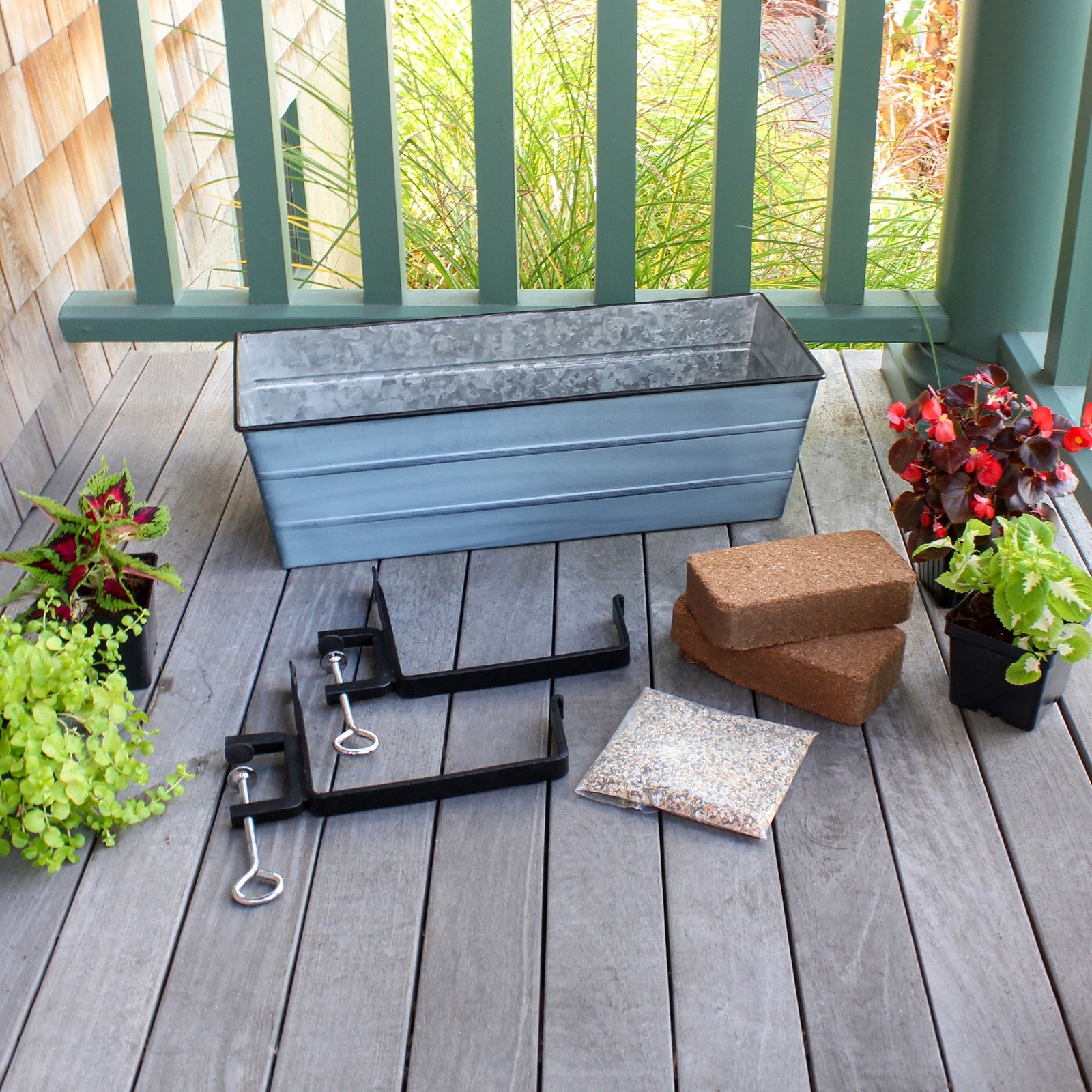Achla Bloom Box Garden Growing Kit Medium Blue | Galvanized Steel with Blue Patina Finish | Deck Railing Planter with Clamp-On | Model C-20NB-RM-GK2