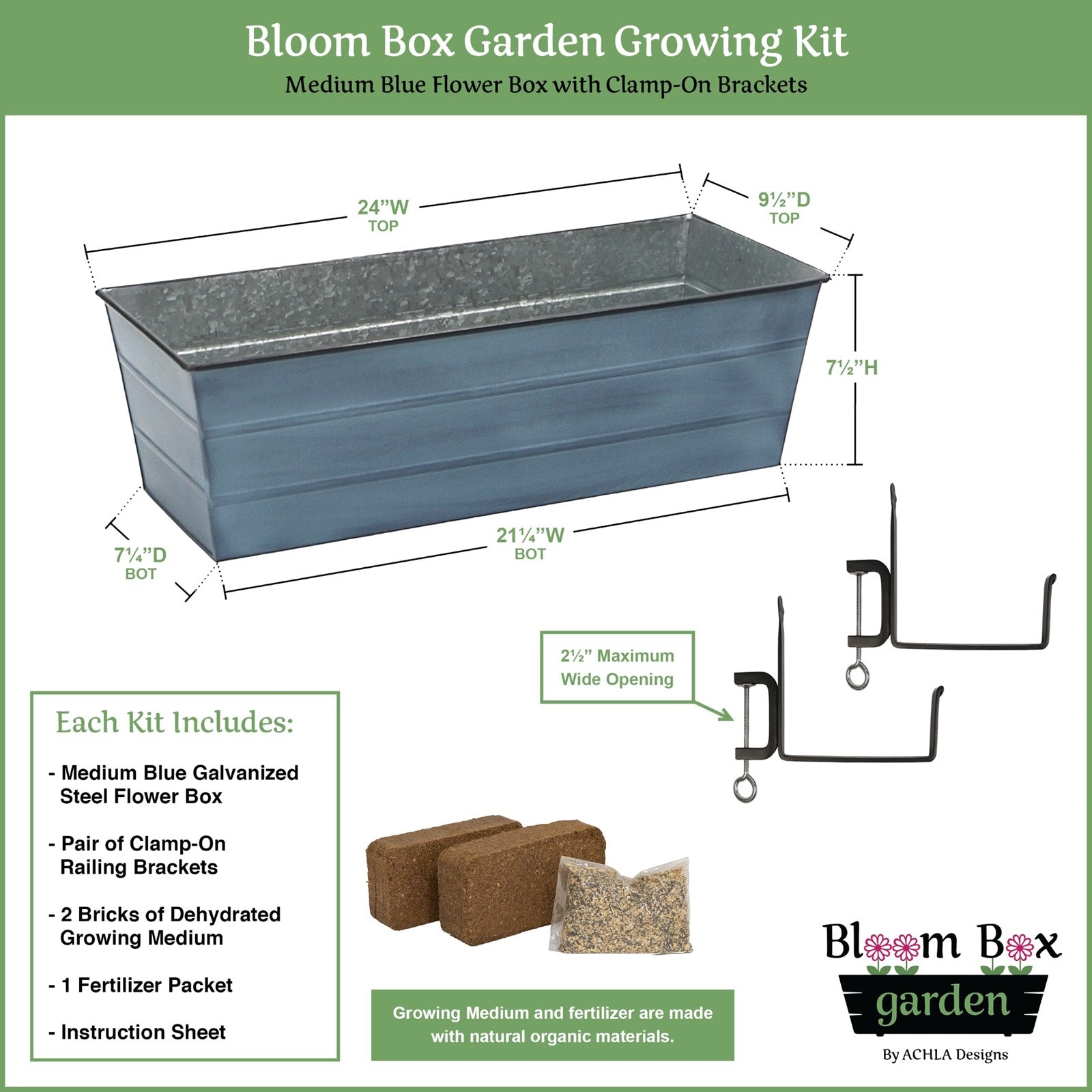 Achla Bloom Box Garden Growing Kit Medium Blue | Galvanized Steel with Blue Patina Finish | Deck Railing Planter with Clamp-On | Model C-20NB-RM-GK2