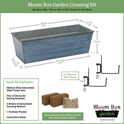 Achla Bloom Box Garden Growing Kit Medium Blue | Galvanized Steel & Wrought Iron | Deck & Balcony Railing Planter | Model C-20NB-RM-GK2